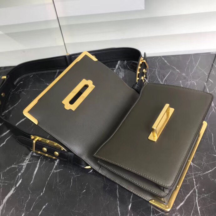 Prada Cahier Shoulder Bag In Green/Black Leather