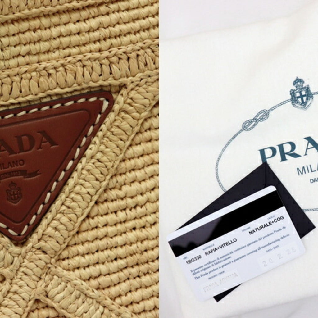 Prada 21SS raffia tote bag ladies beige triangle plate with leather pouch straw 1BG330 PRADA