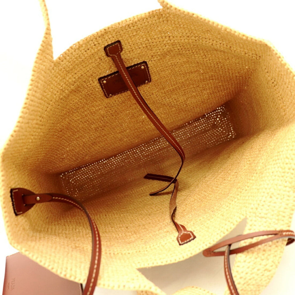 Prada 21SS raffia tote bag ladies beige triangle plate with leather pouch straw 1BG330 PRADA