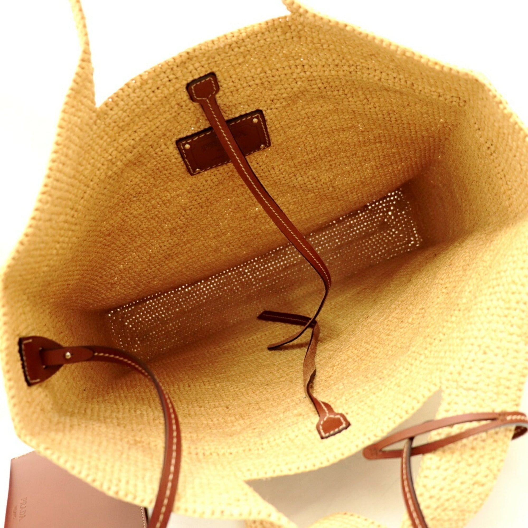 Prada 21SS raffia tote bag ladies beige triangle plate with leather pouch straw 1BG330 PRADA