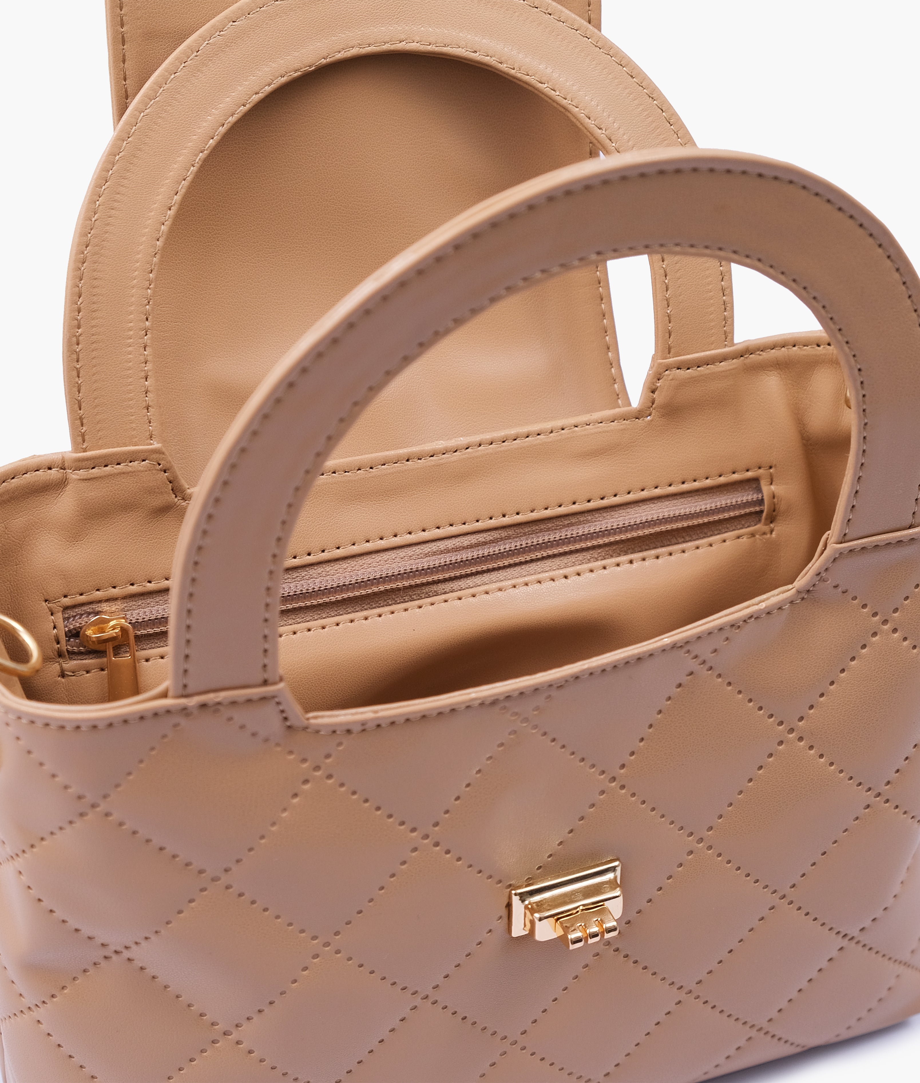 Beige flap quilted bag with top handle