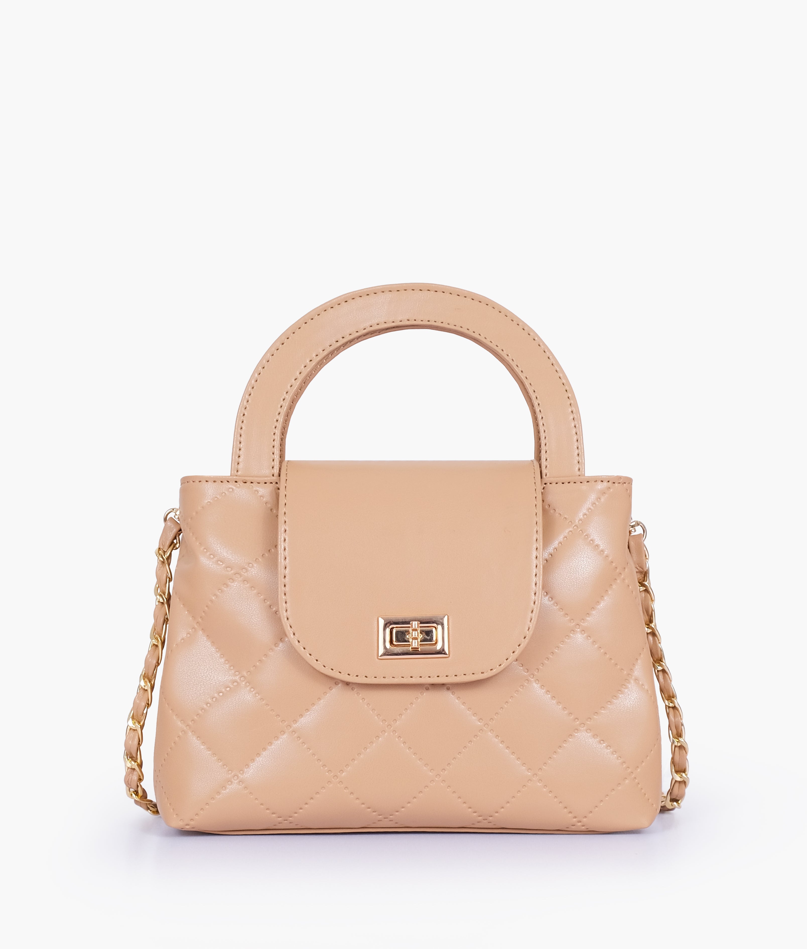 Beige flap quilted bag with top handle