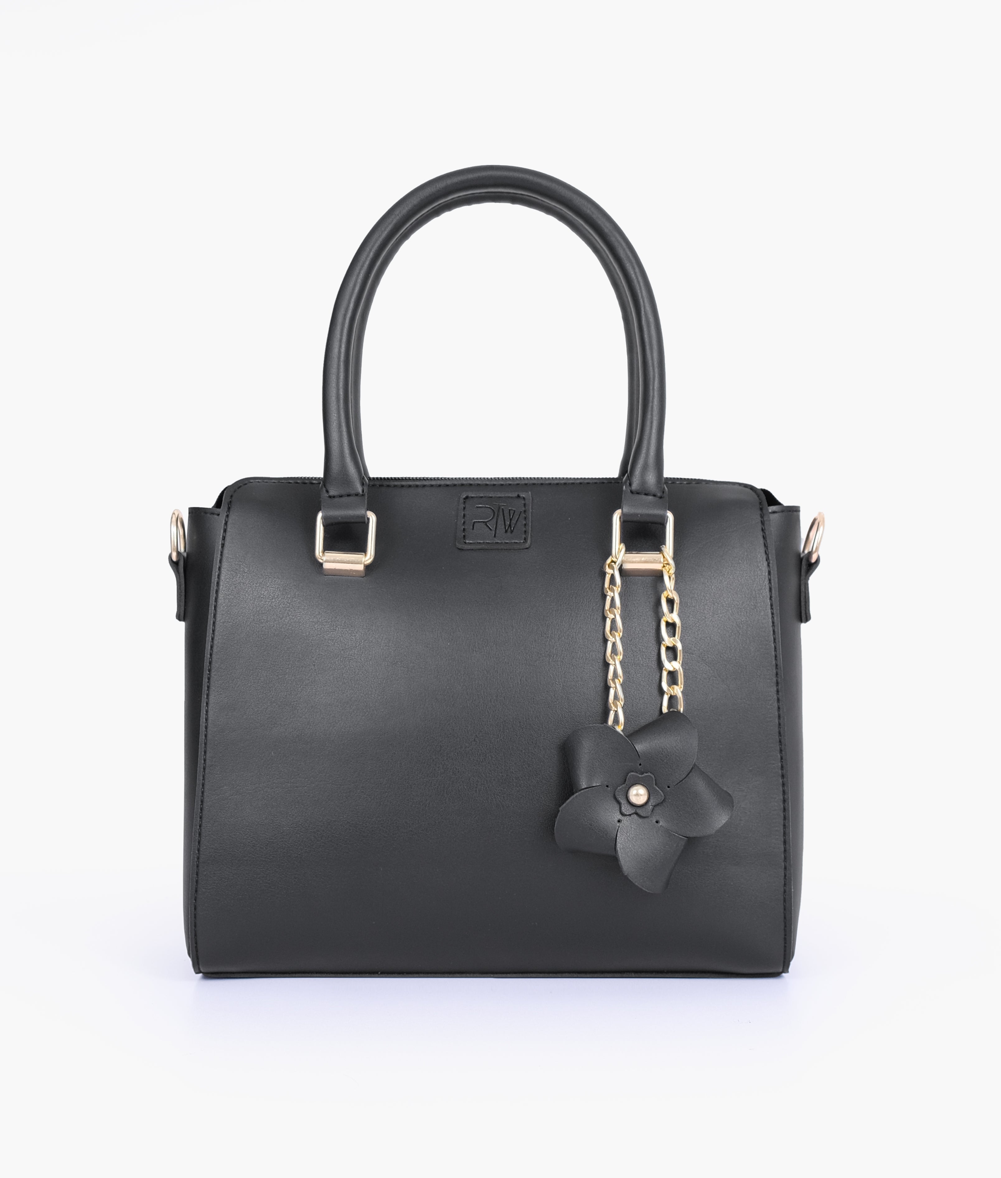 Black handbag with flower charm