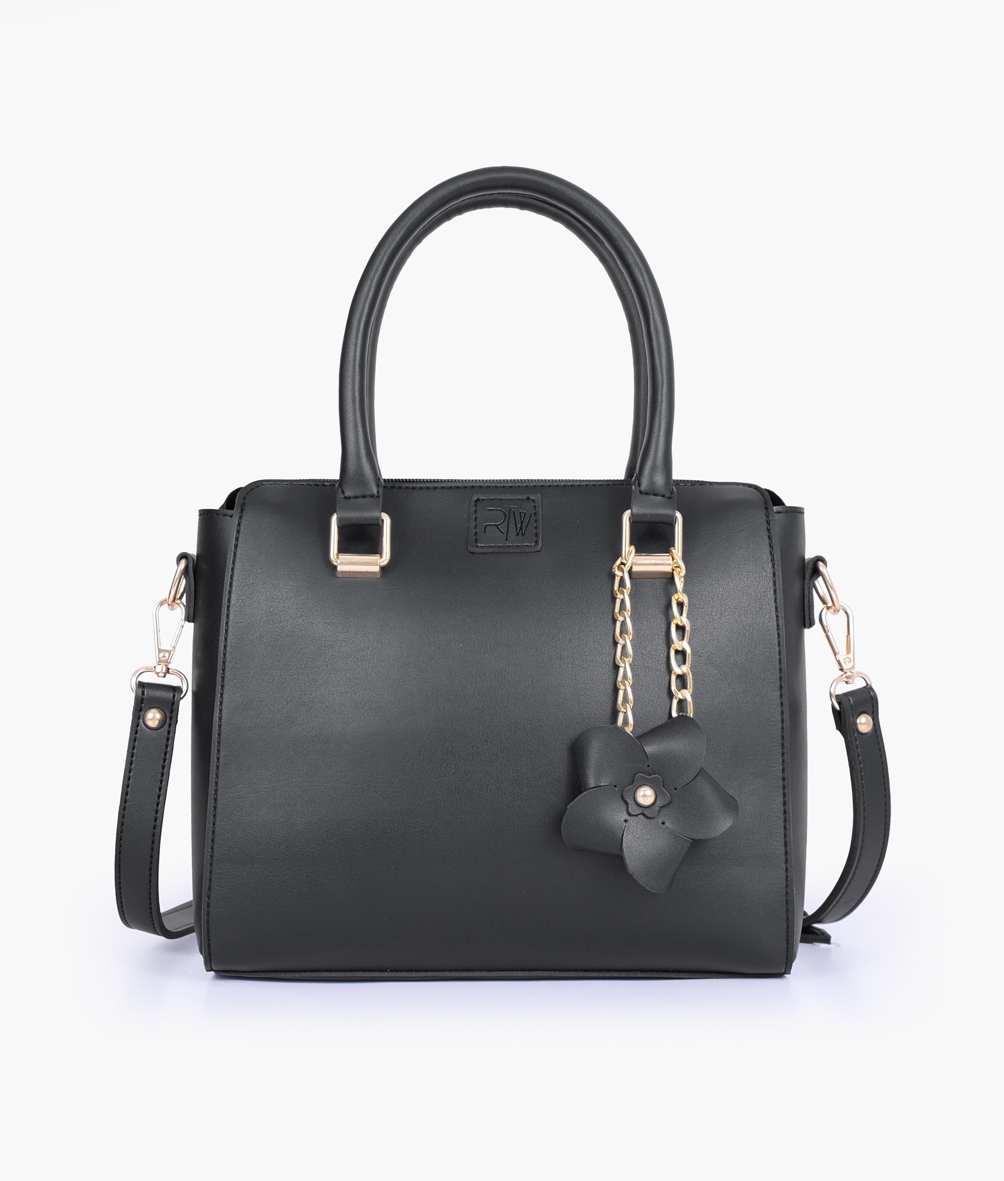 Black handbag with flower charm