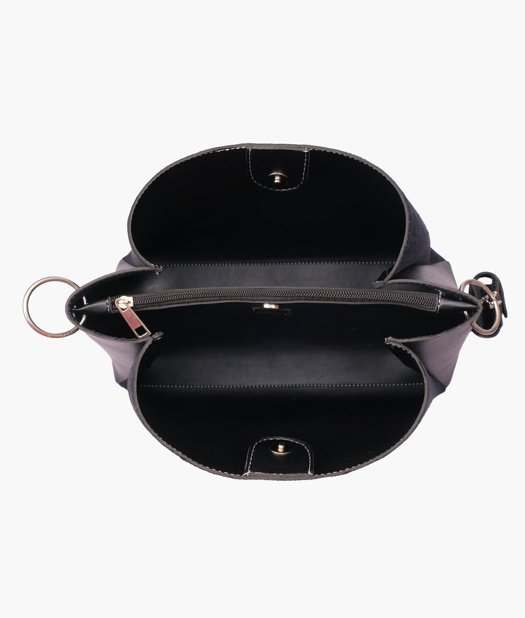 Black suede handbag with braided handle