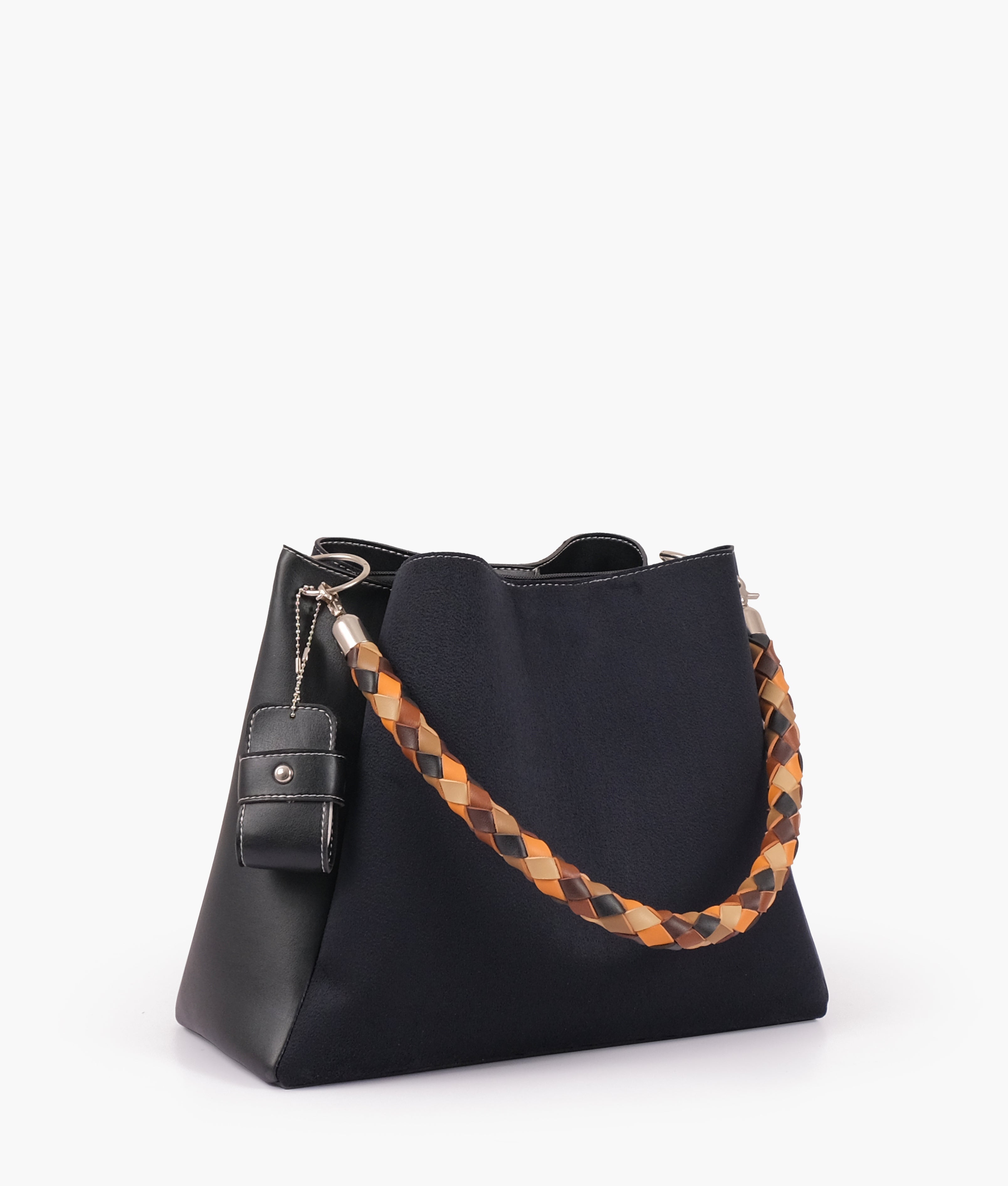 Black suede handbag with braided handle