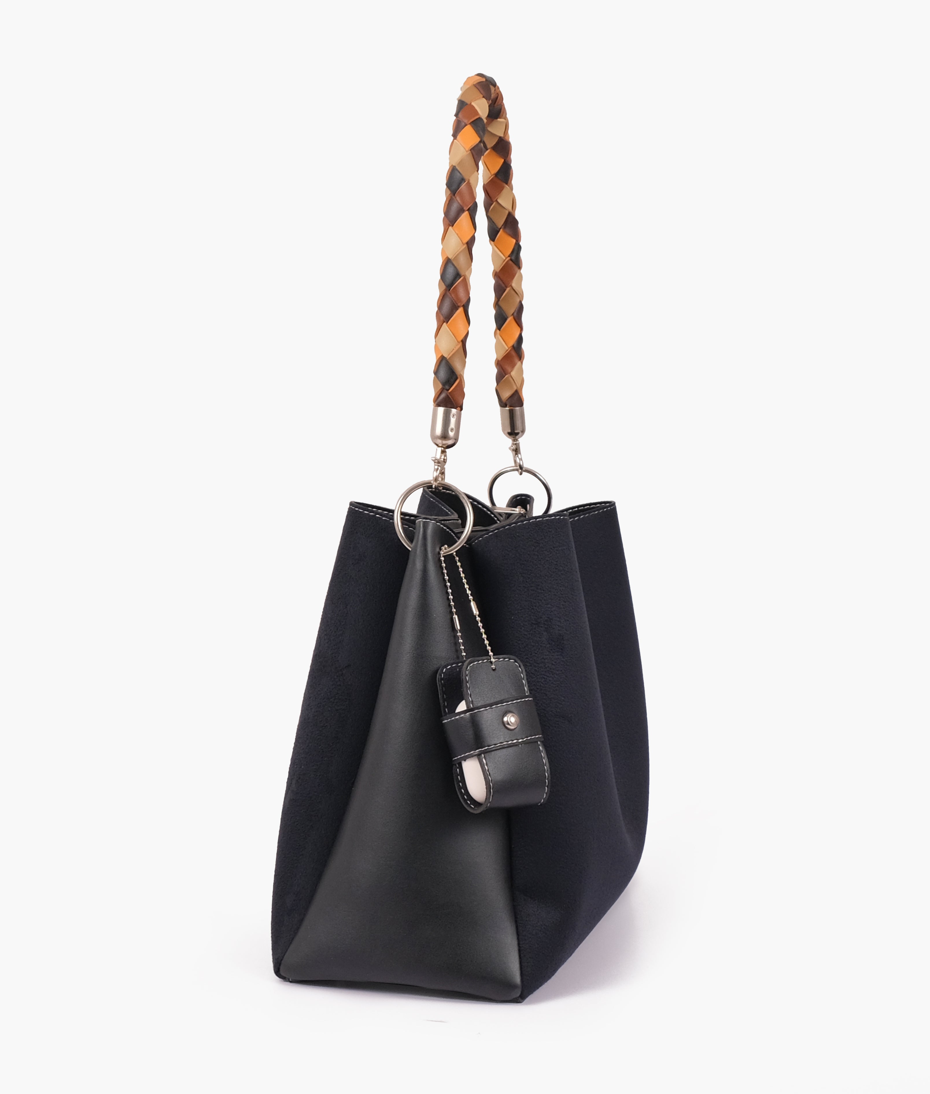 Black suede handbag with braided handle