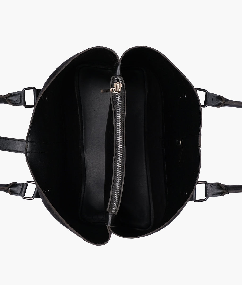 Black suede multi-compartment shoulder bag