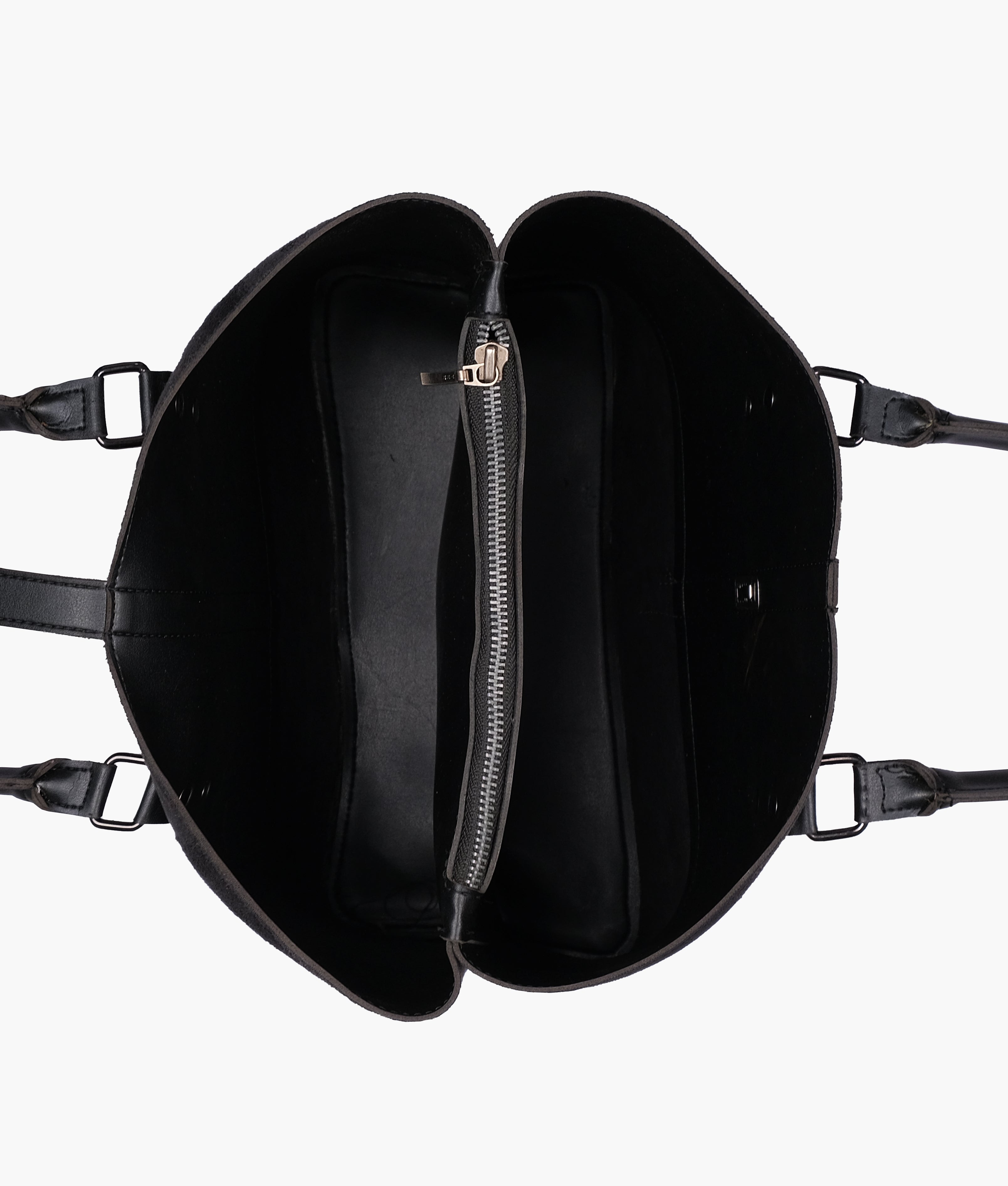 Black suede multi-compartment shoulder bag