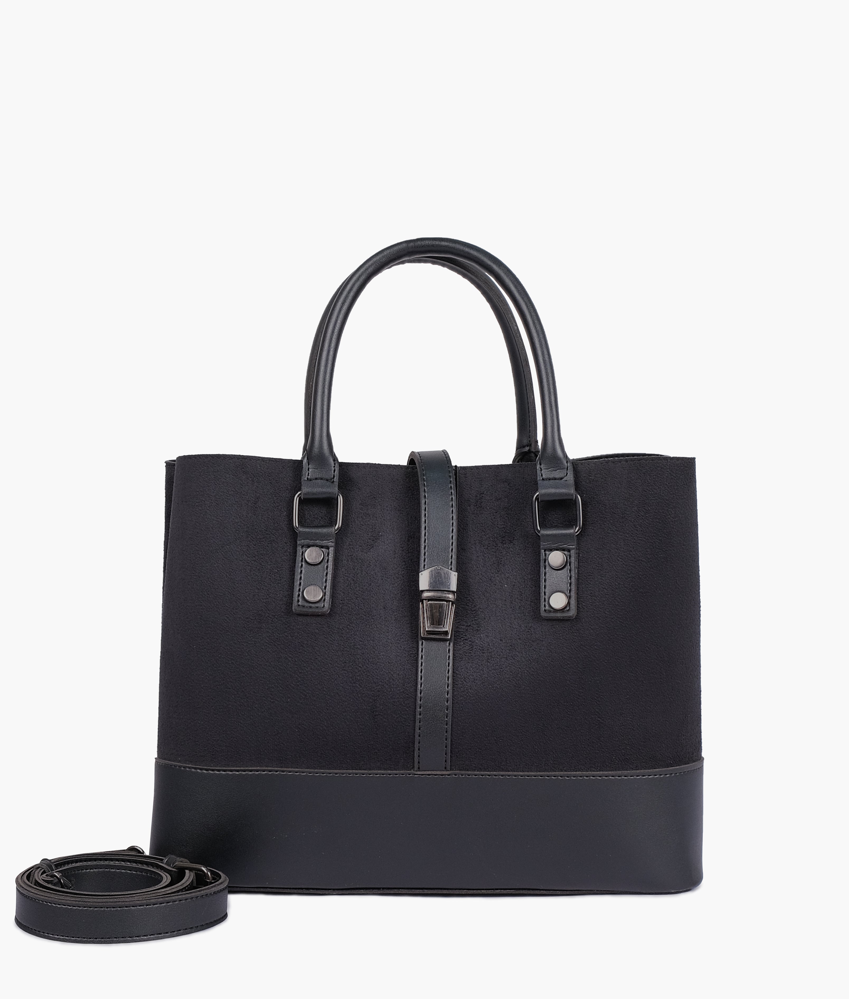 Black suede multi-compartment shoulder bag