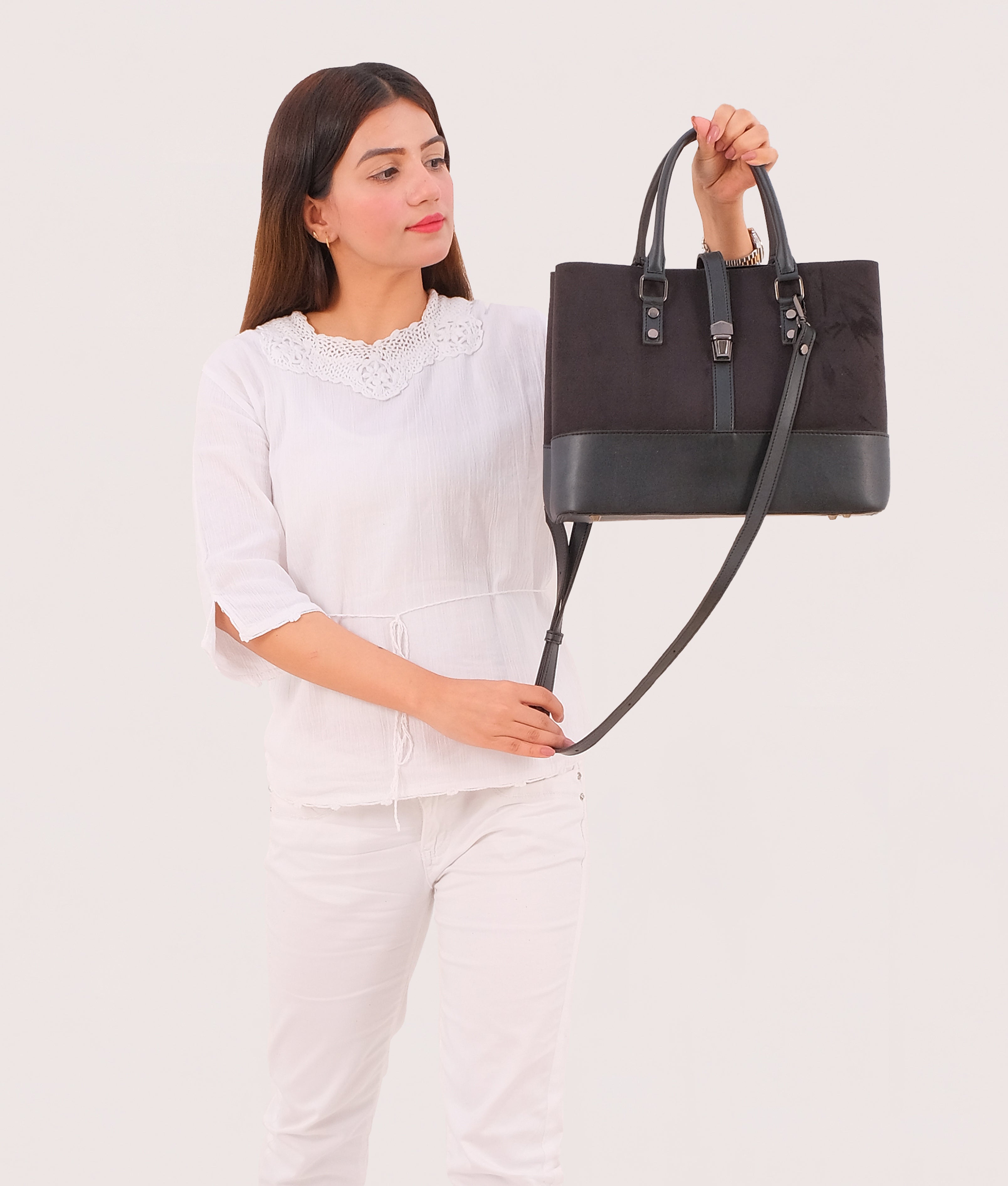 Black suede multi-compartment shoulder bag