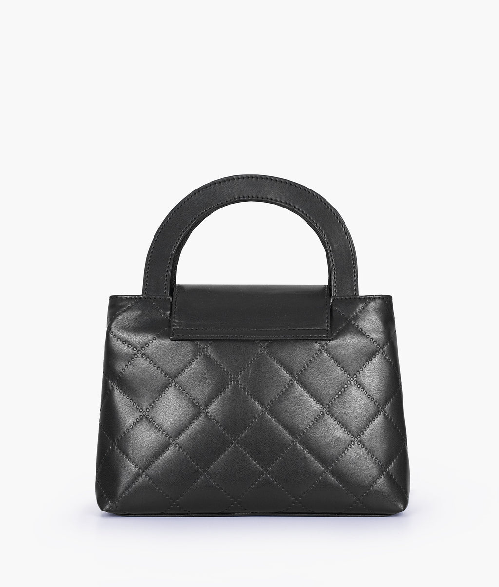 Black flap quilted bag with top handle