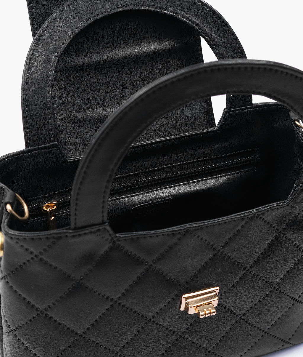 Black flap quilted bag with top handle