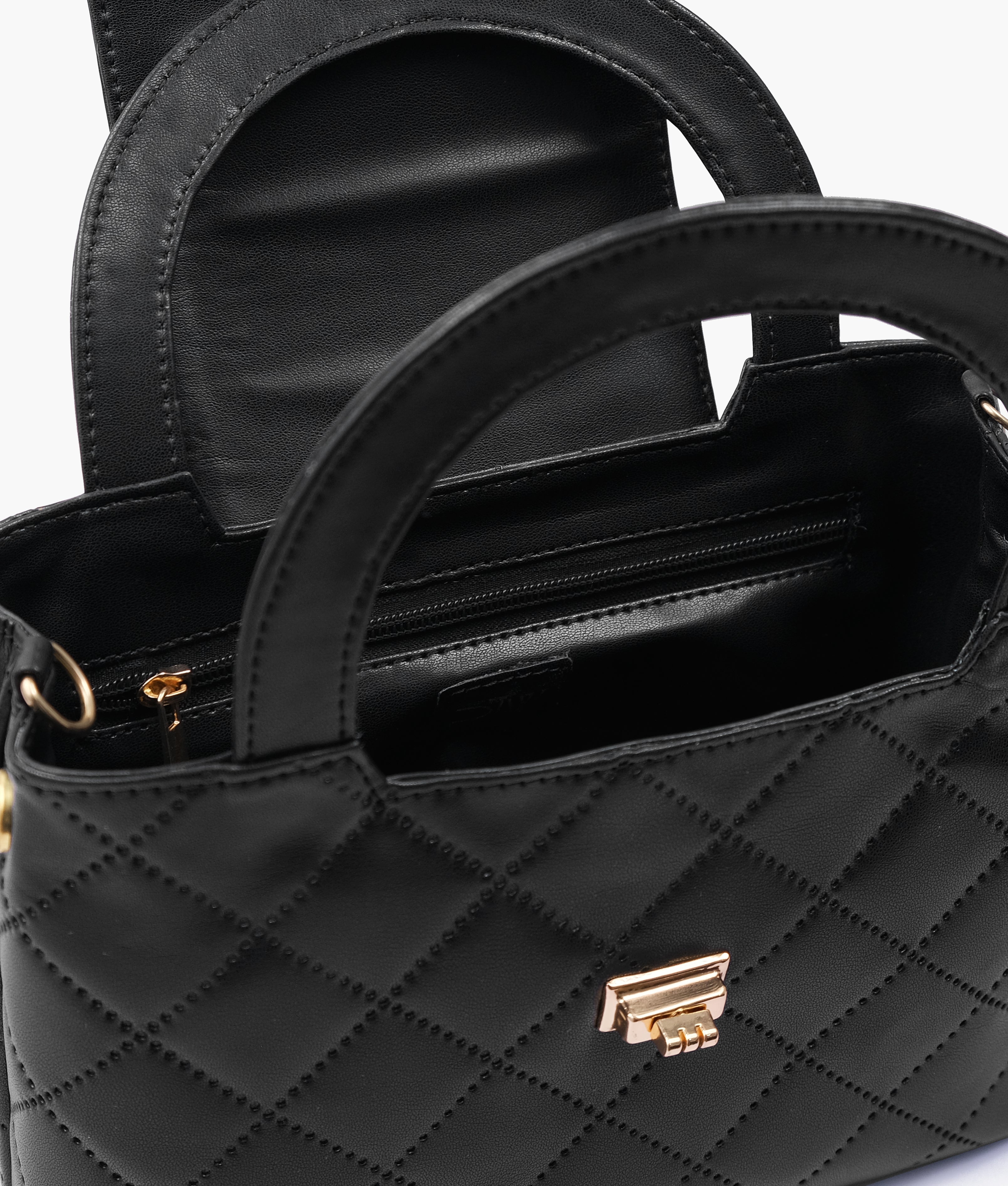 Black flap quilted bag with top handle