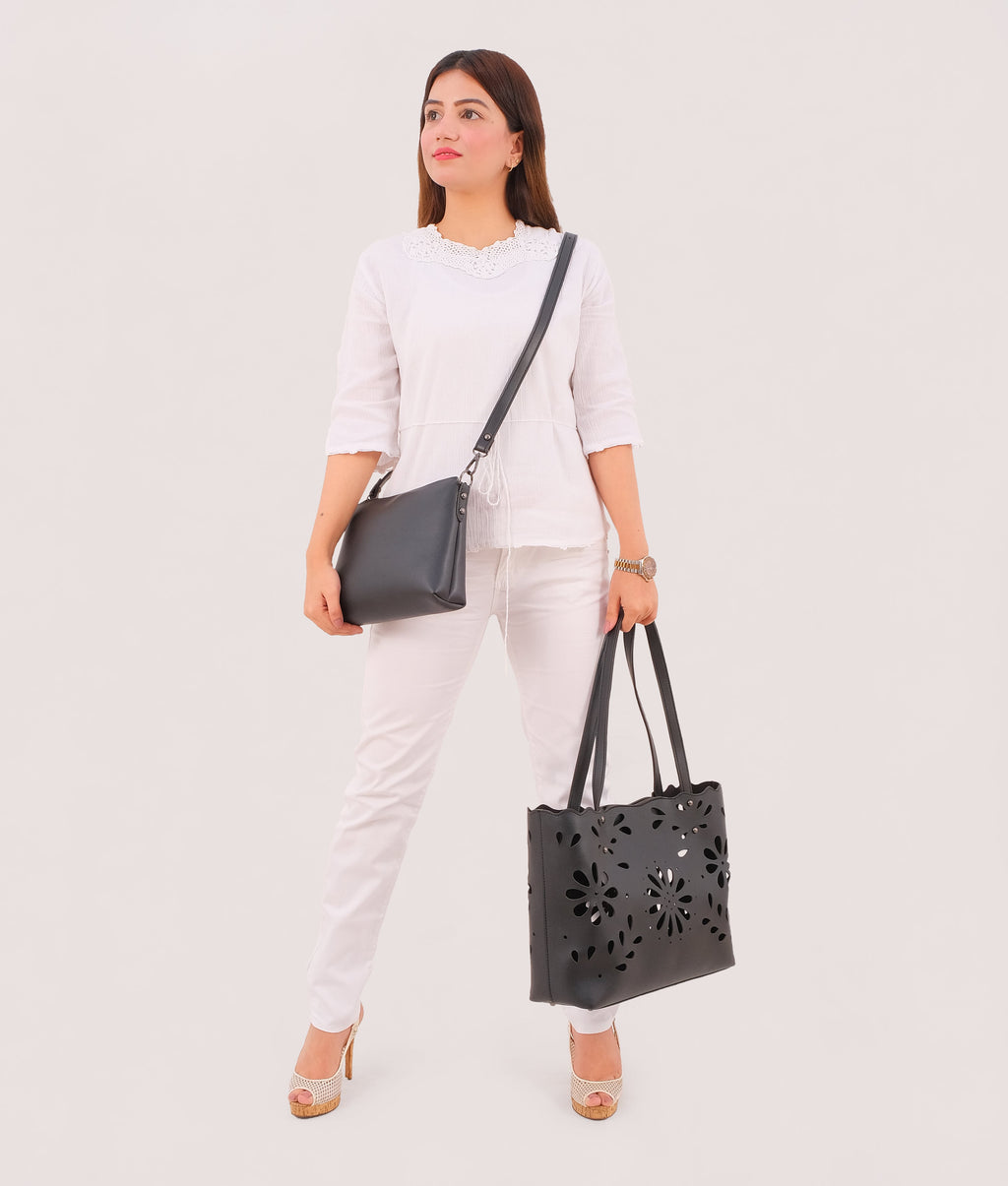 Black two-piece floral tote