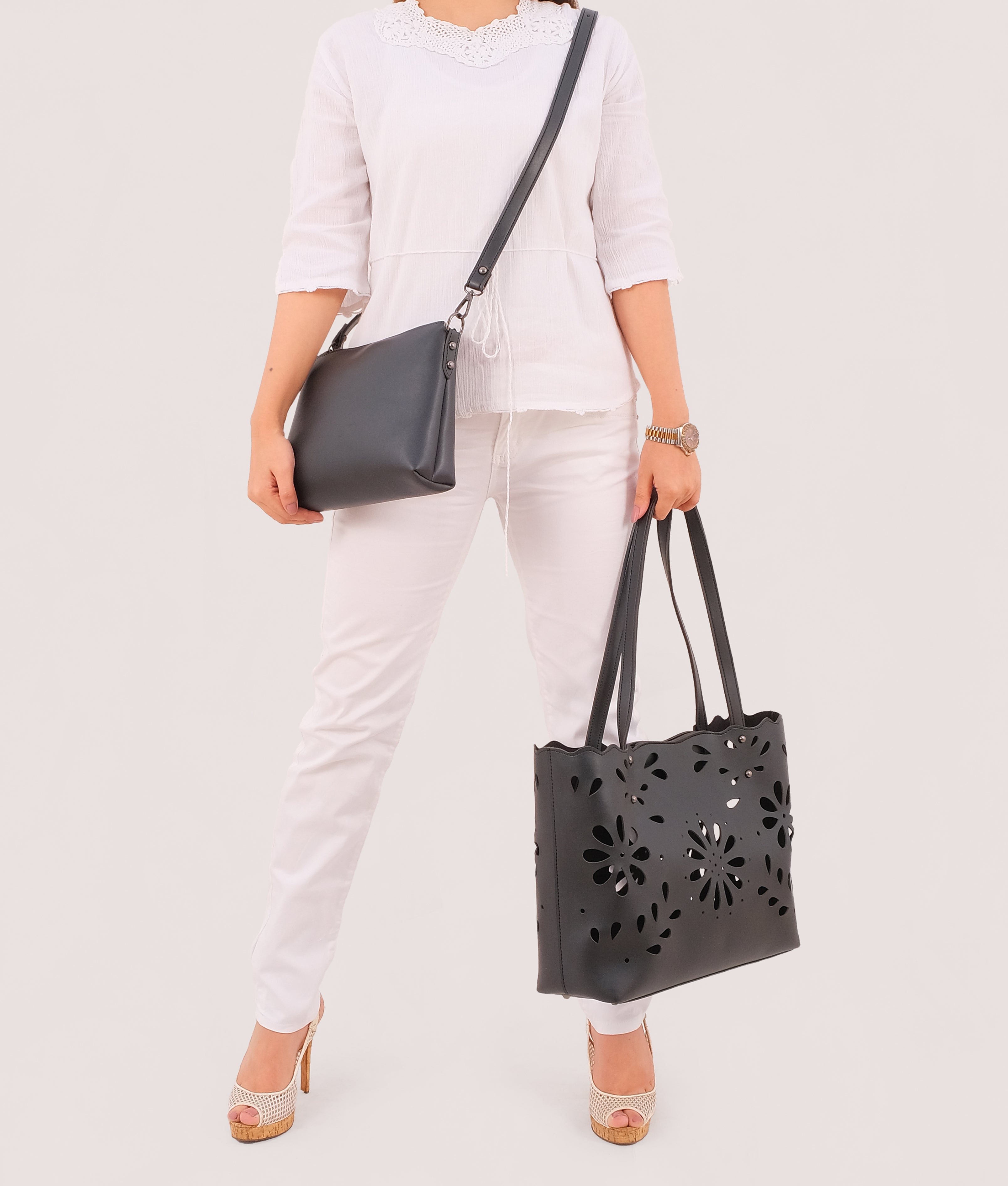 Black two-piece floral tote