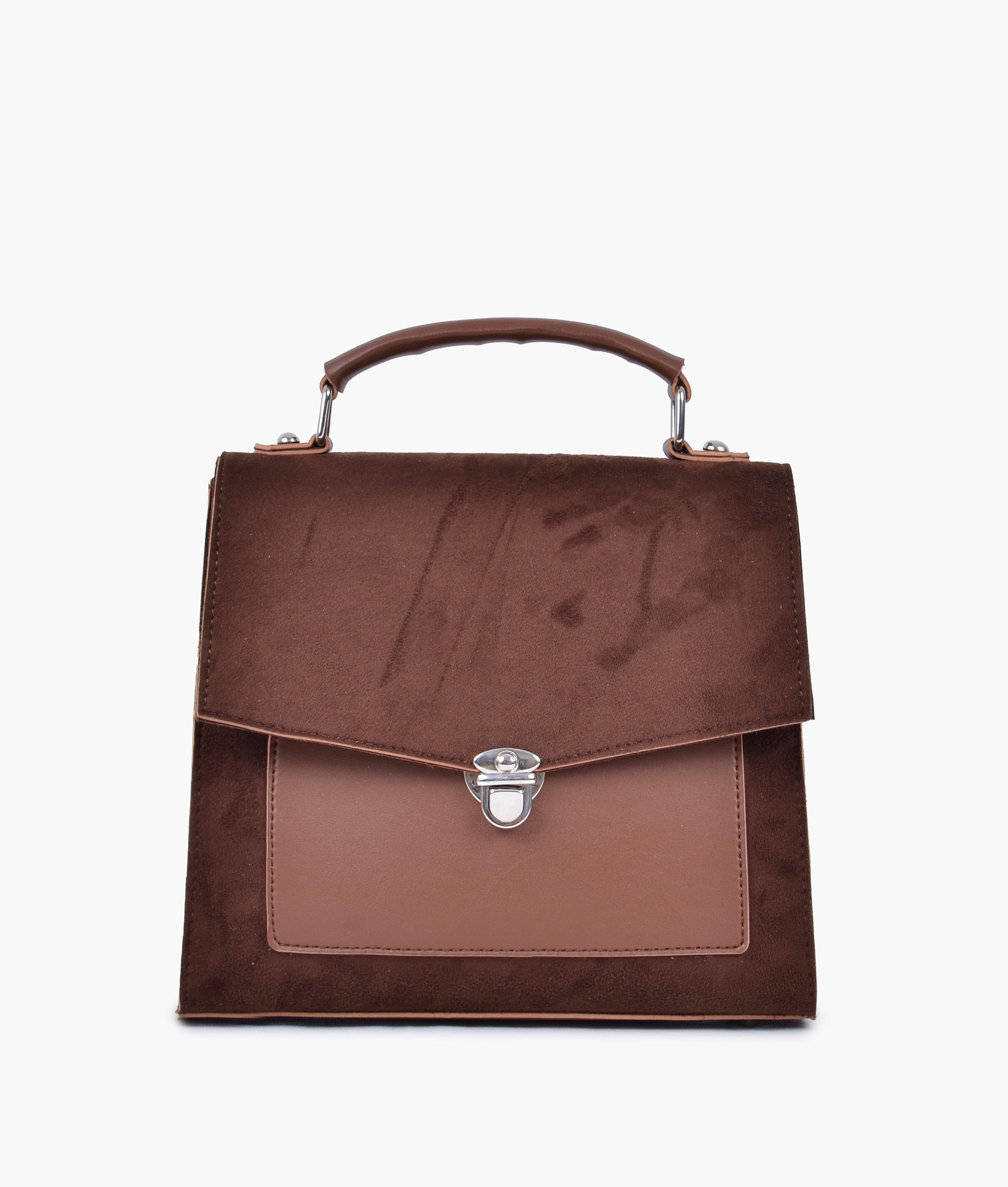 Brown suede push-lock messenger bag