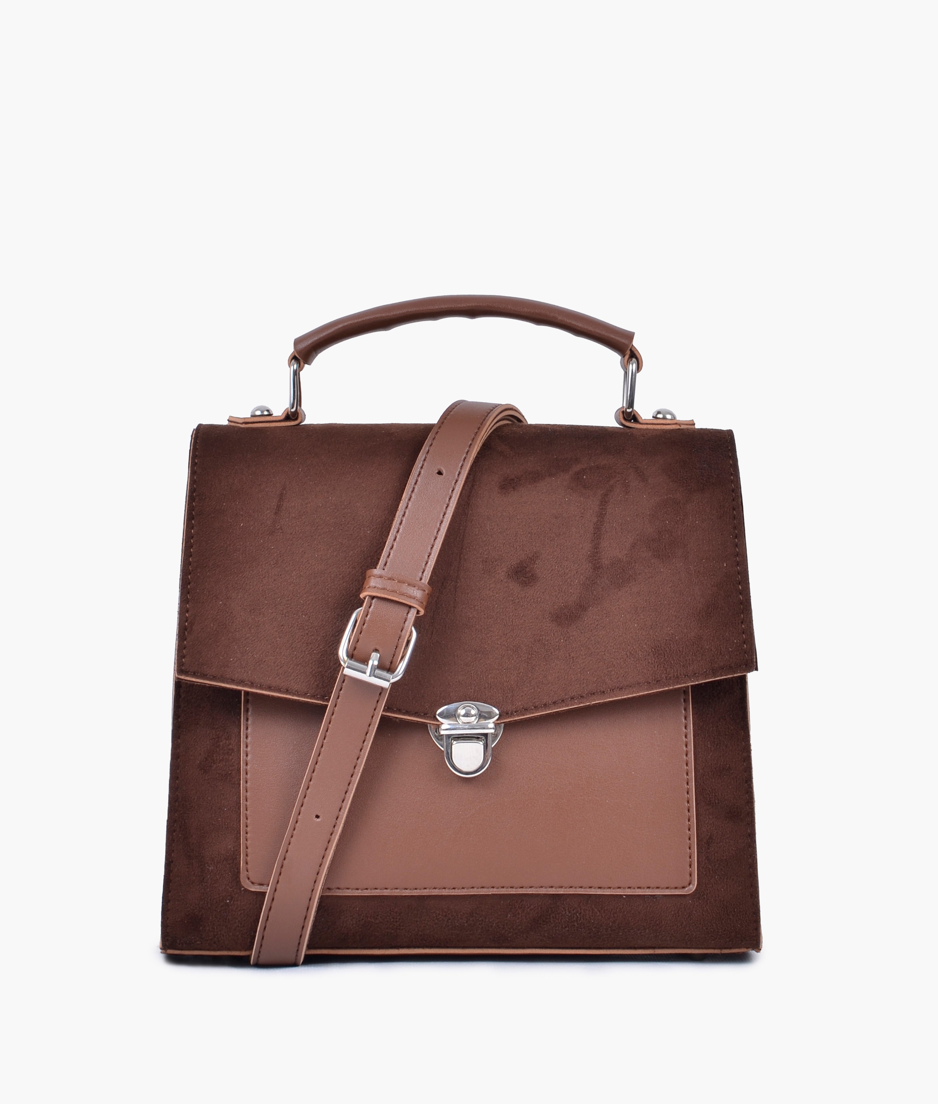Brown suede push-lock messenger bag