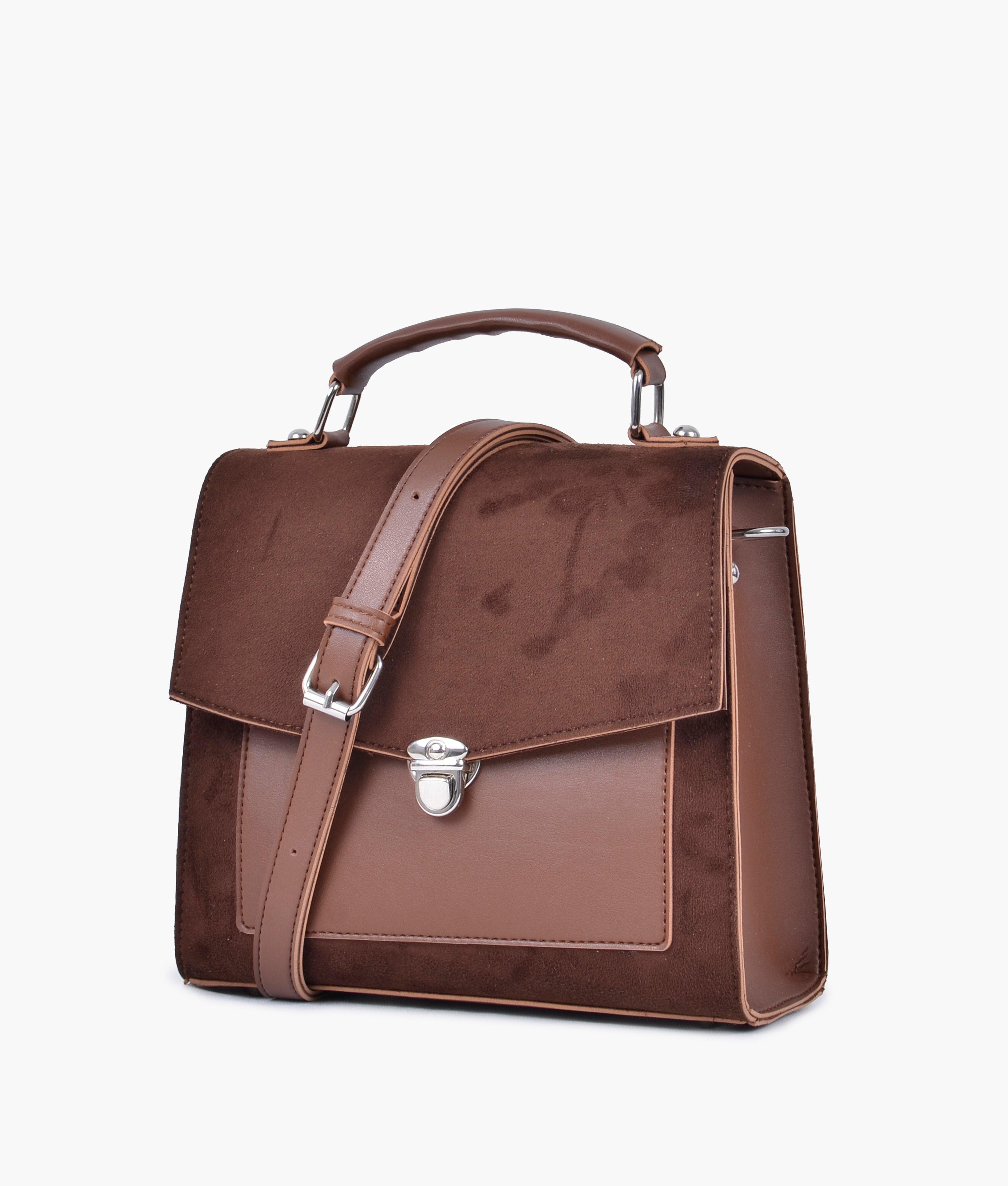 Brown suede push-lock messenger bag