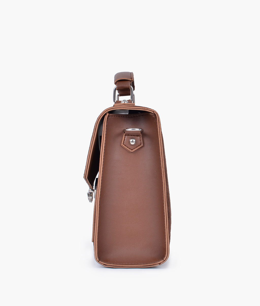 Brown suede push-lock messenger bag