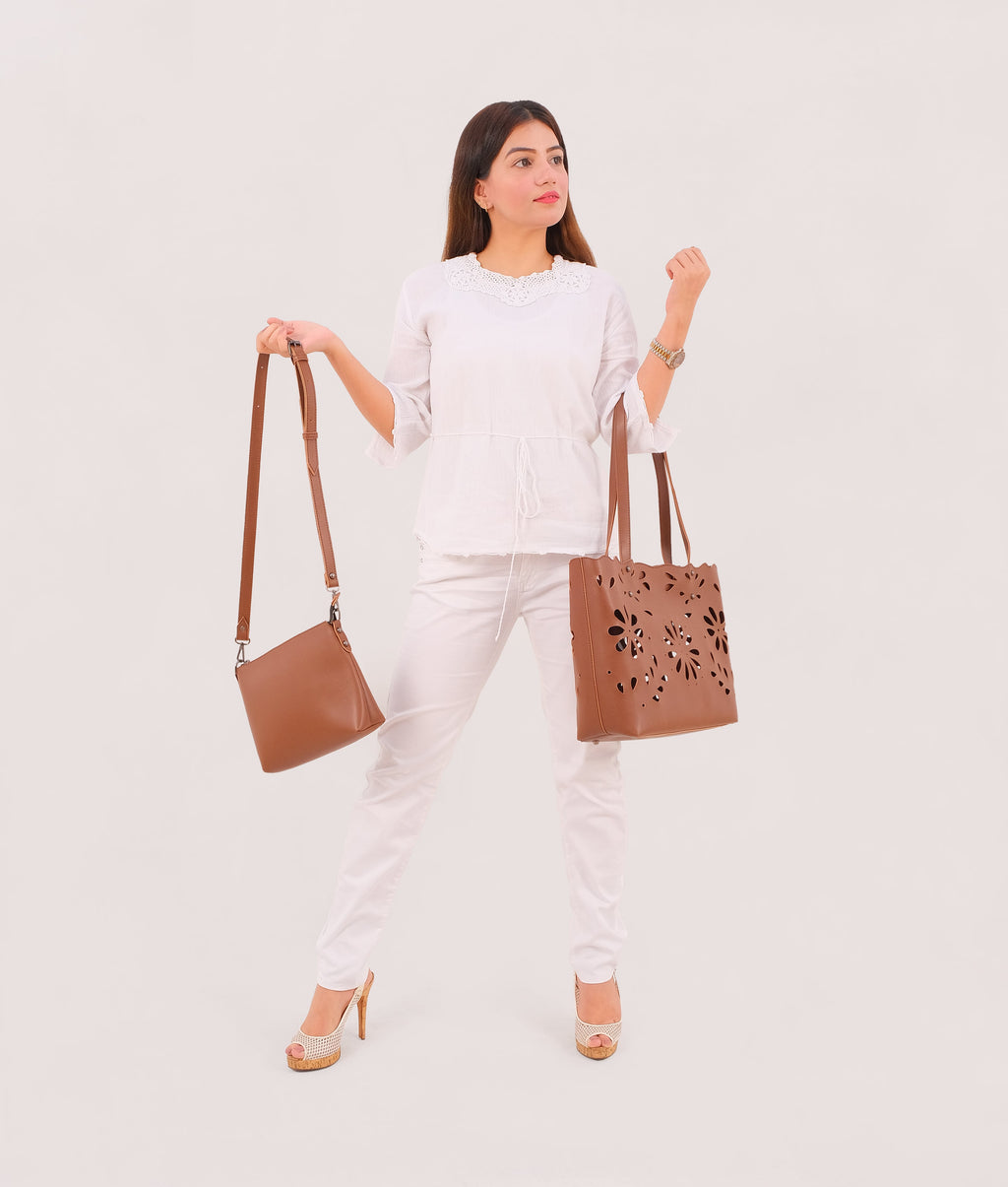 Brown two-piece floral tote