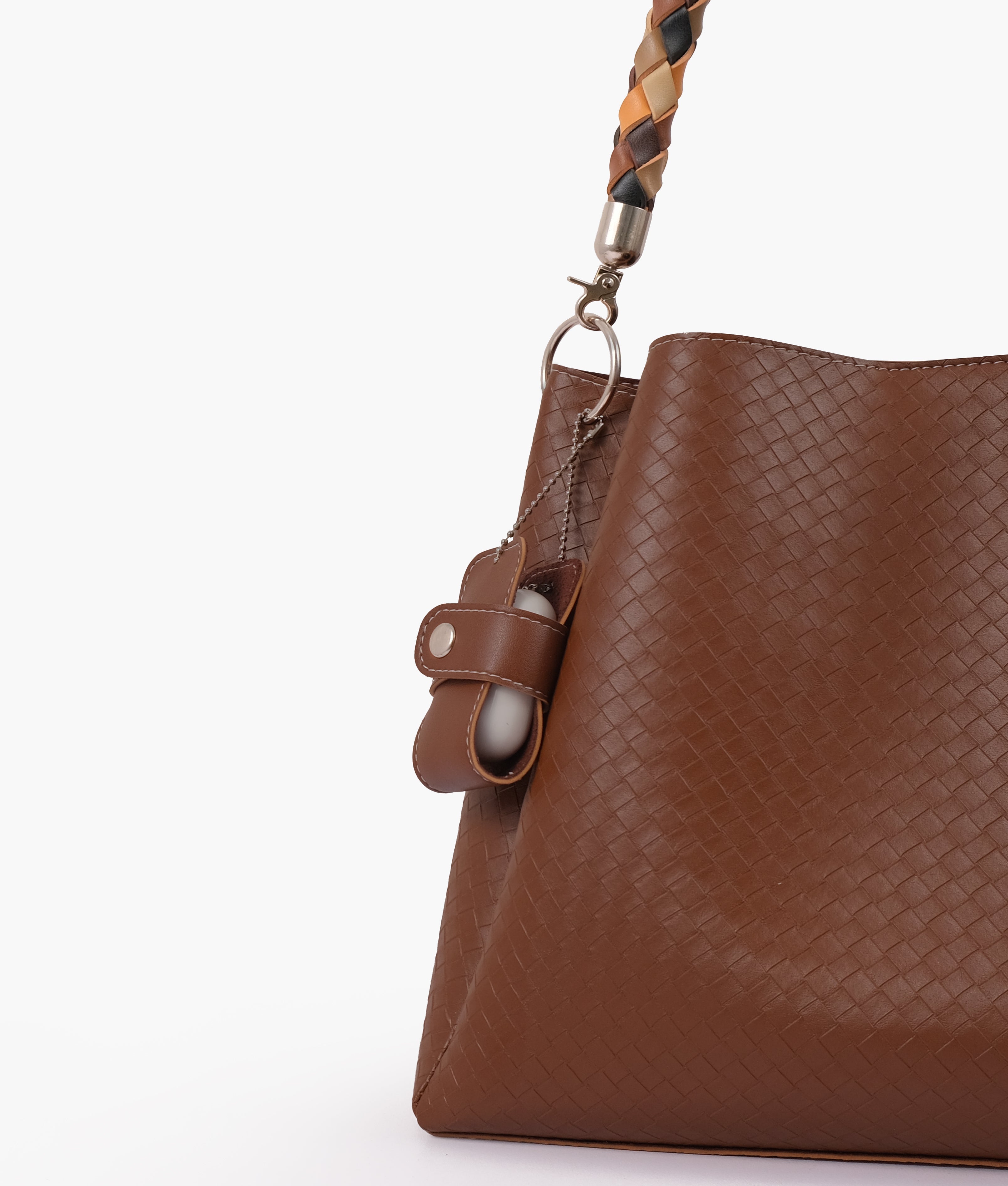 Brown weaved handbag with braided handle