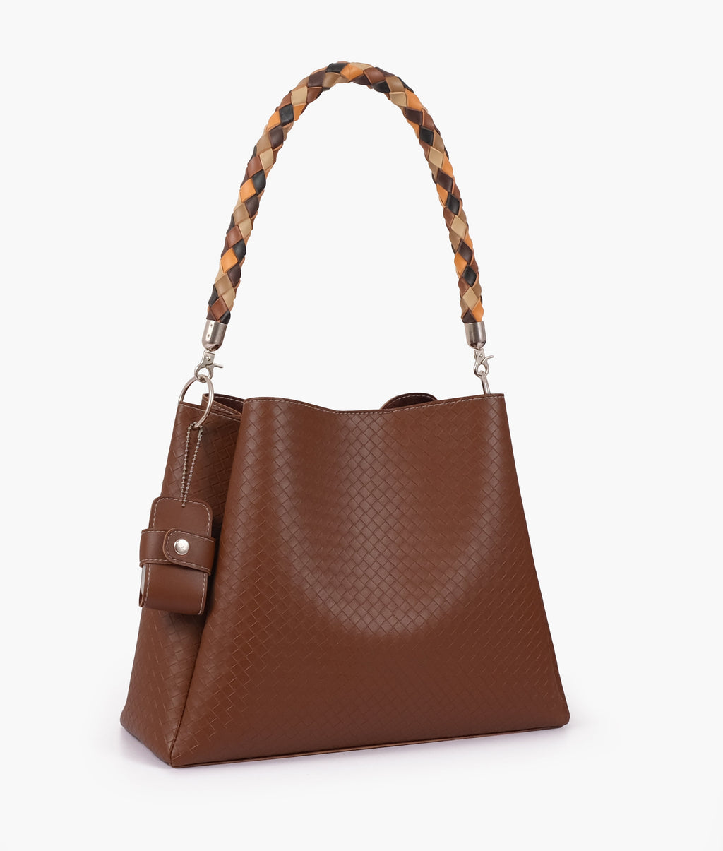 Brown weaved handbag with braided handle