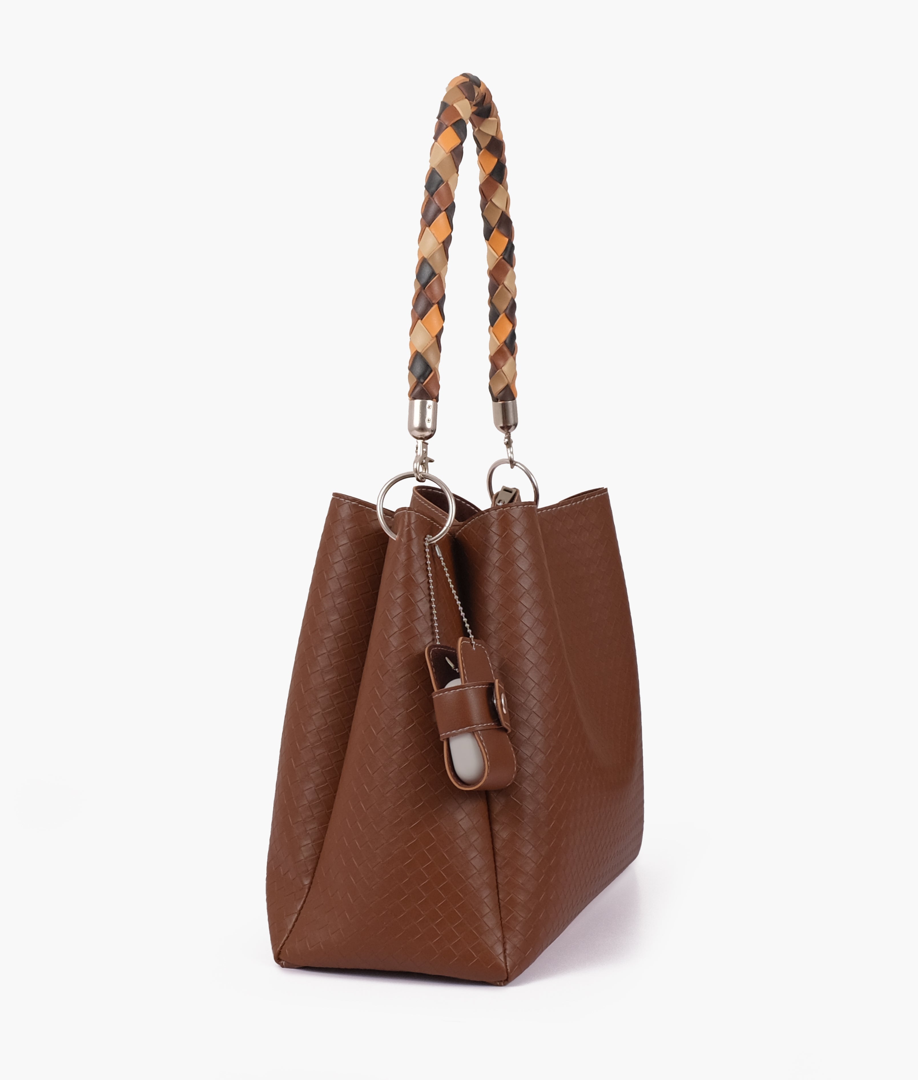 Brown weaved handbag with braided handle
