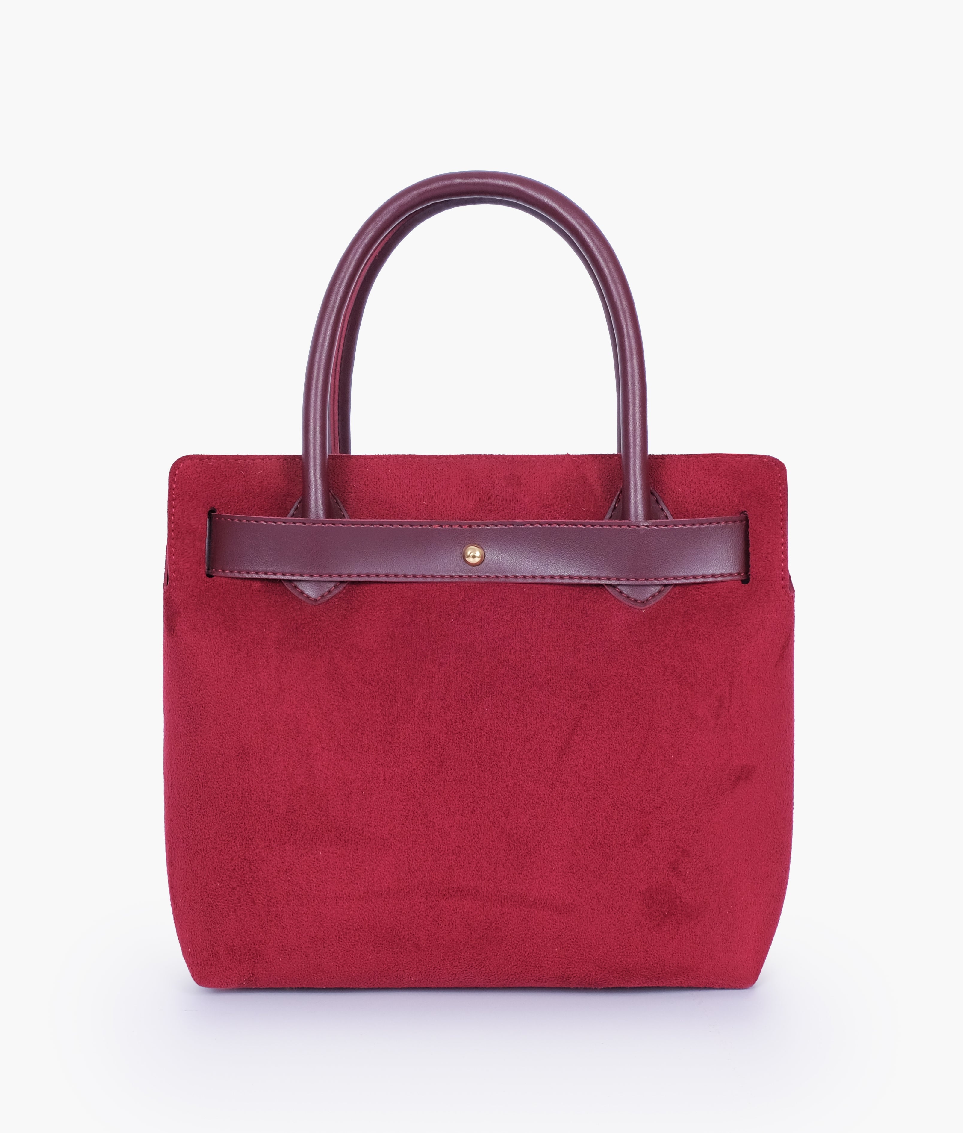 Burgundy suede handbag with front buckle