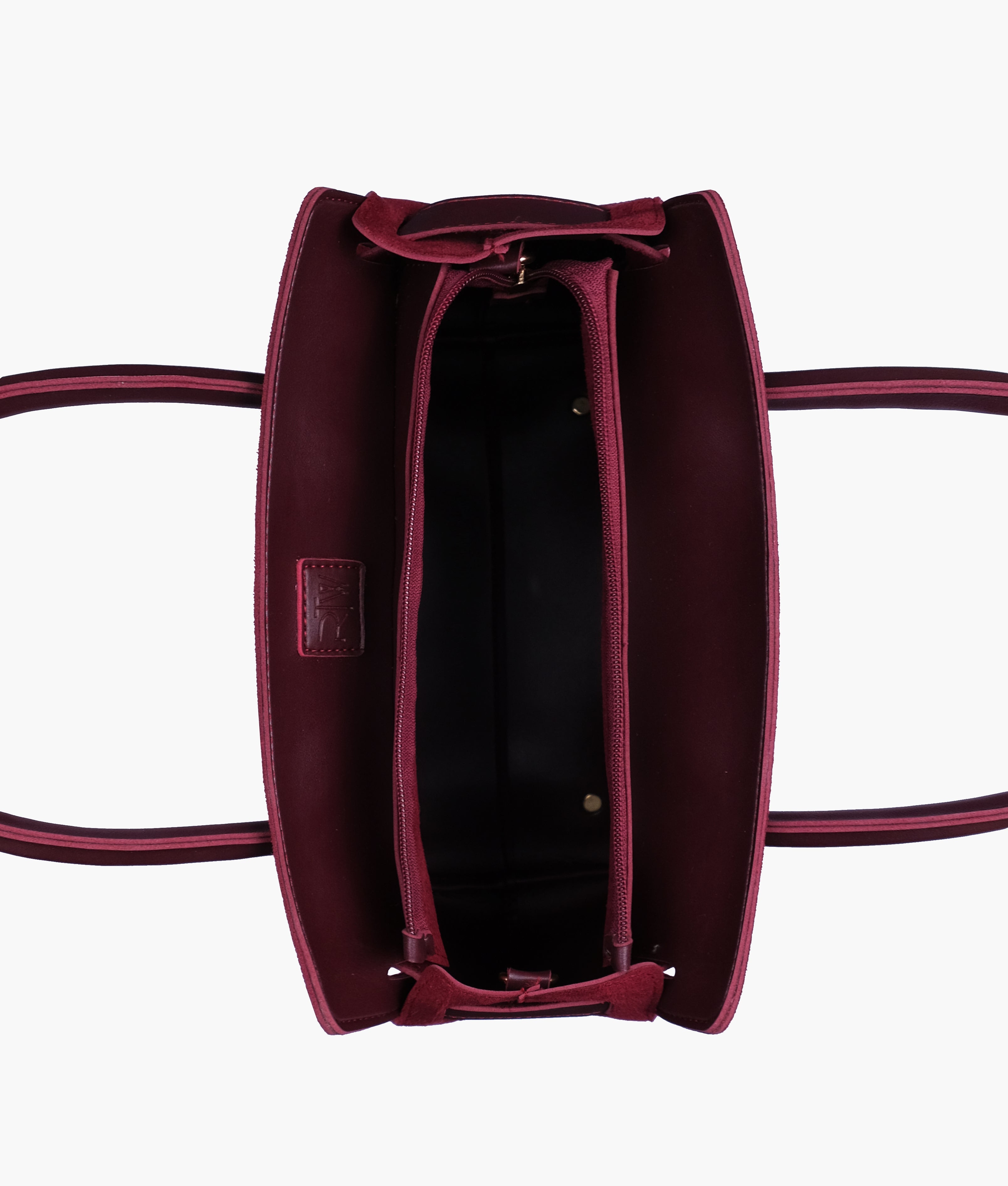 Burgundy suede handbag with front buckle