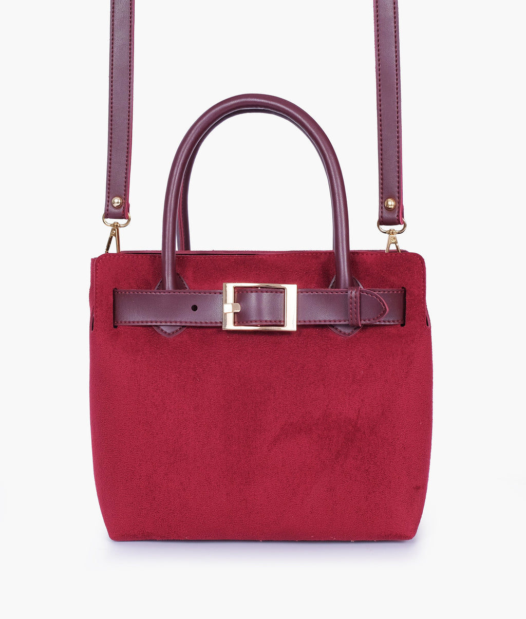 Burgundy suede handbag with front buckle