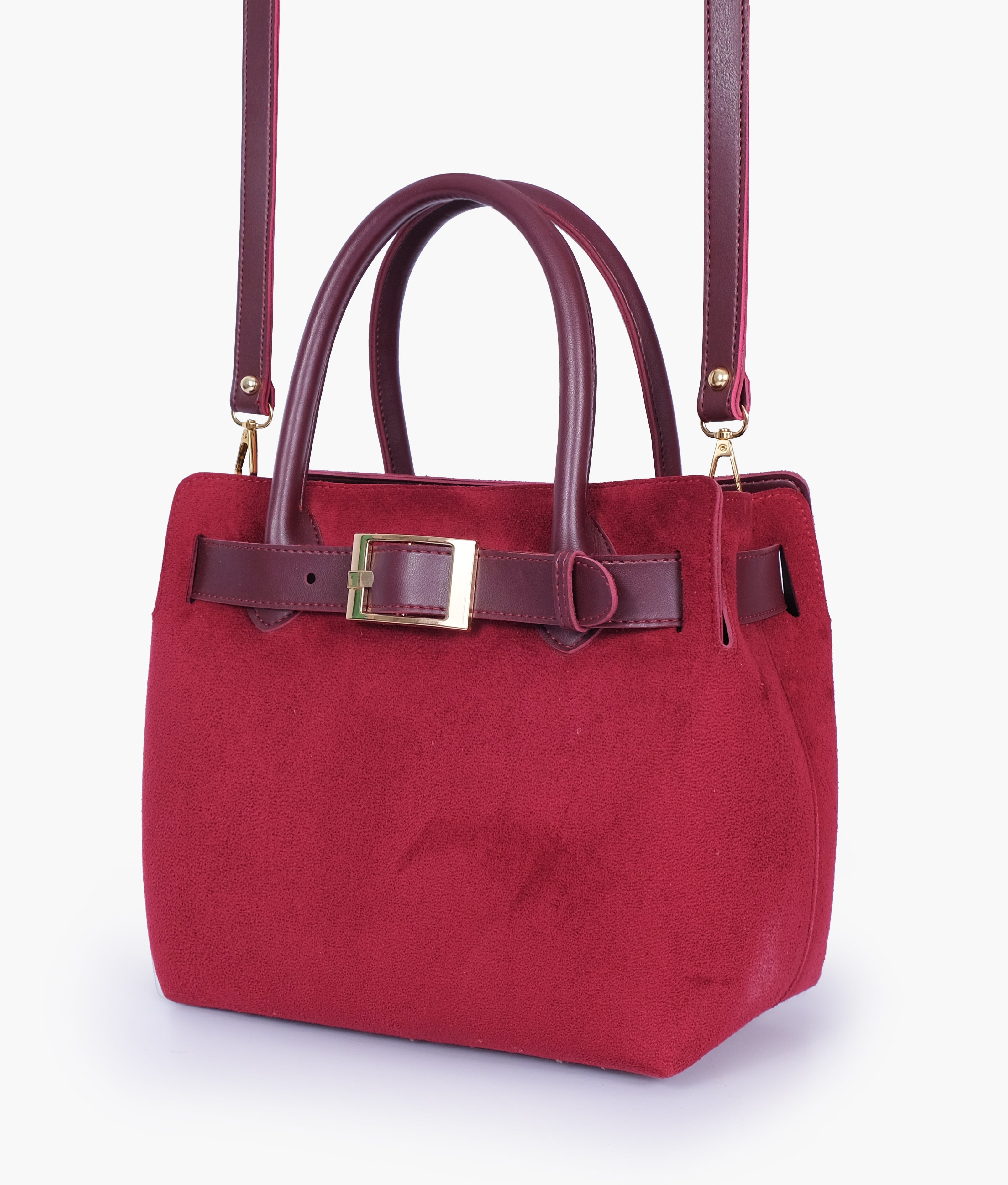 Burgundy suede handbag with front buckle