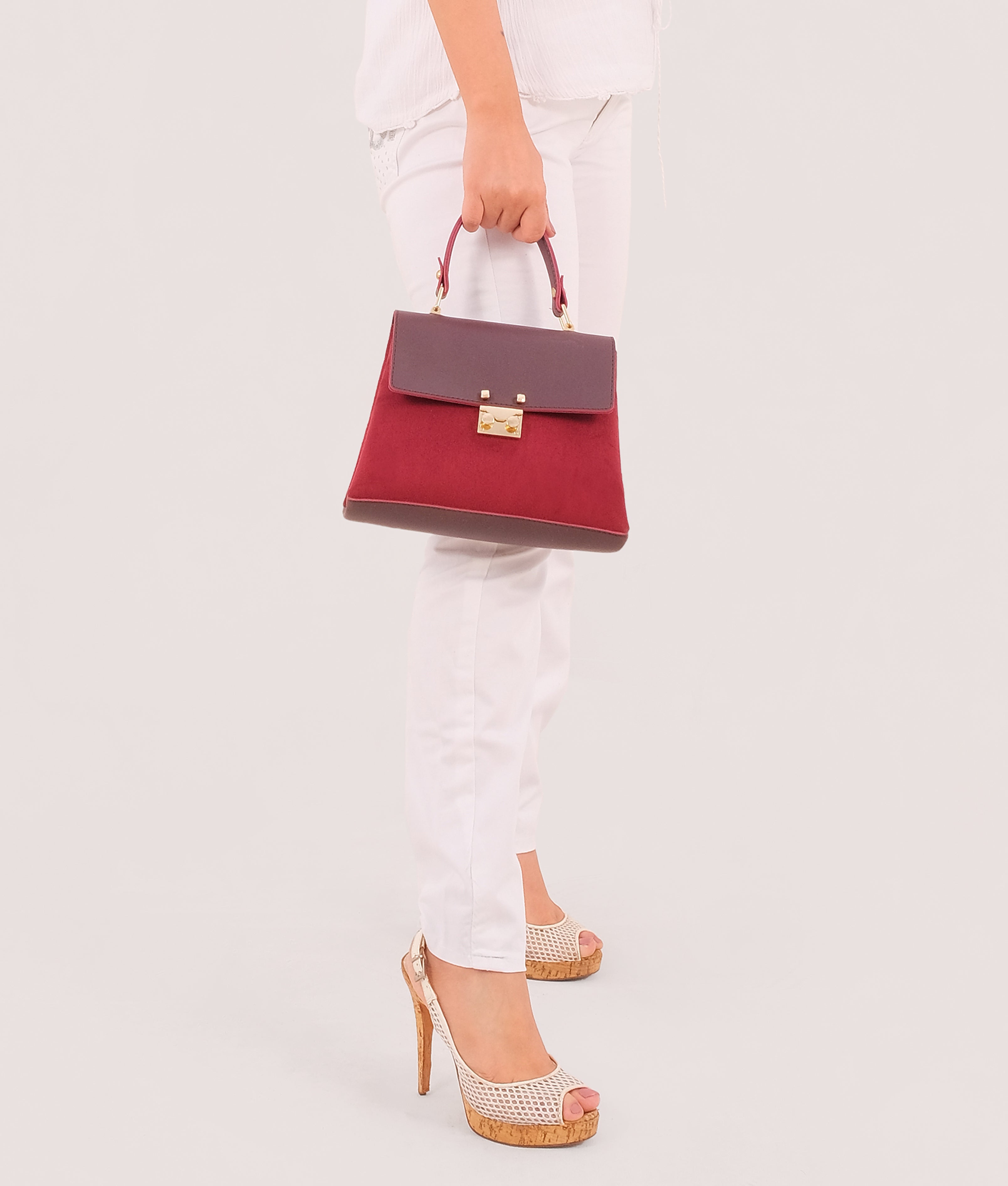 Burgundy suede mini top-handle bag