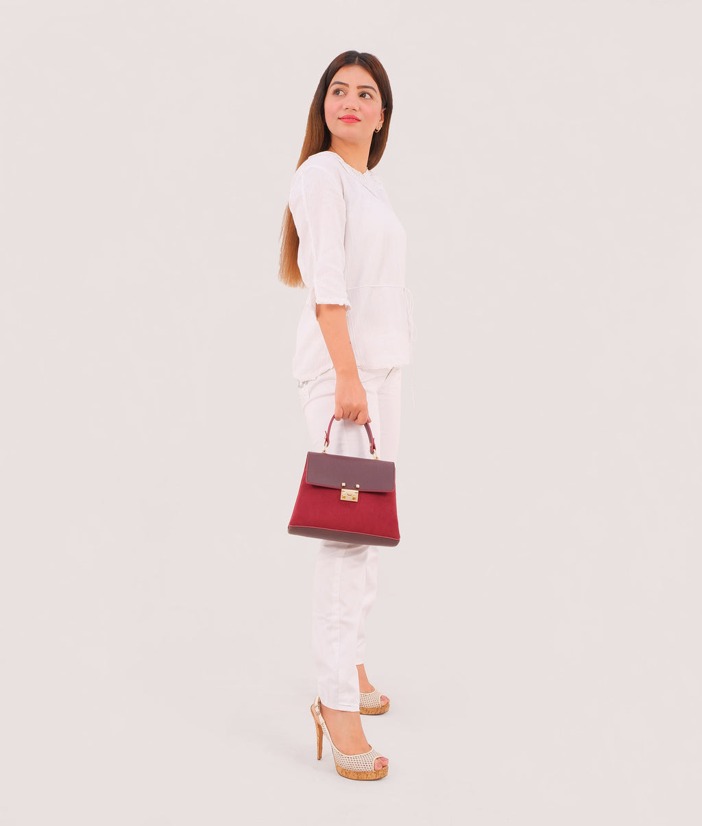 Burgundy suede mini top-handle bag