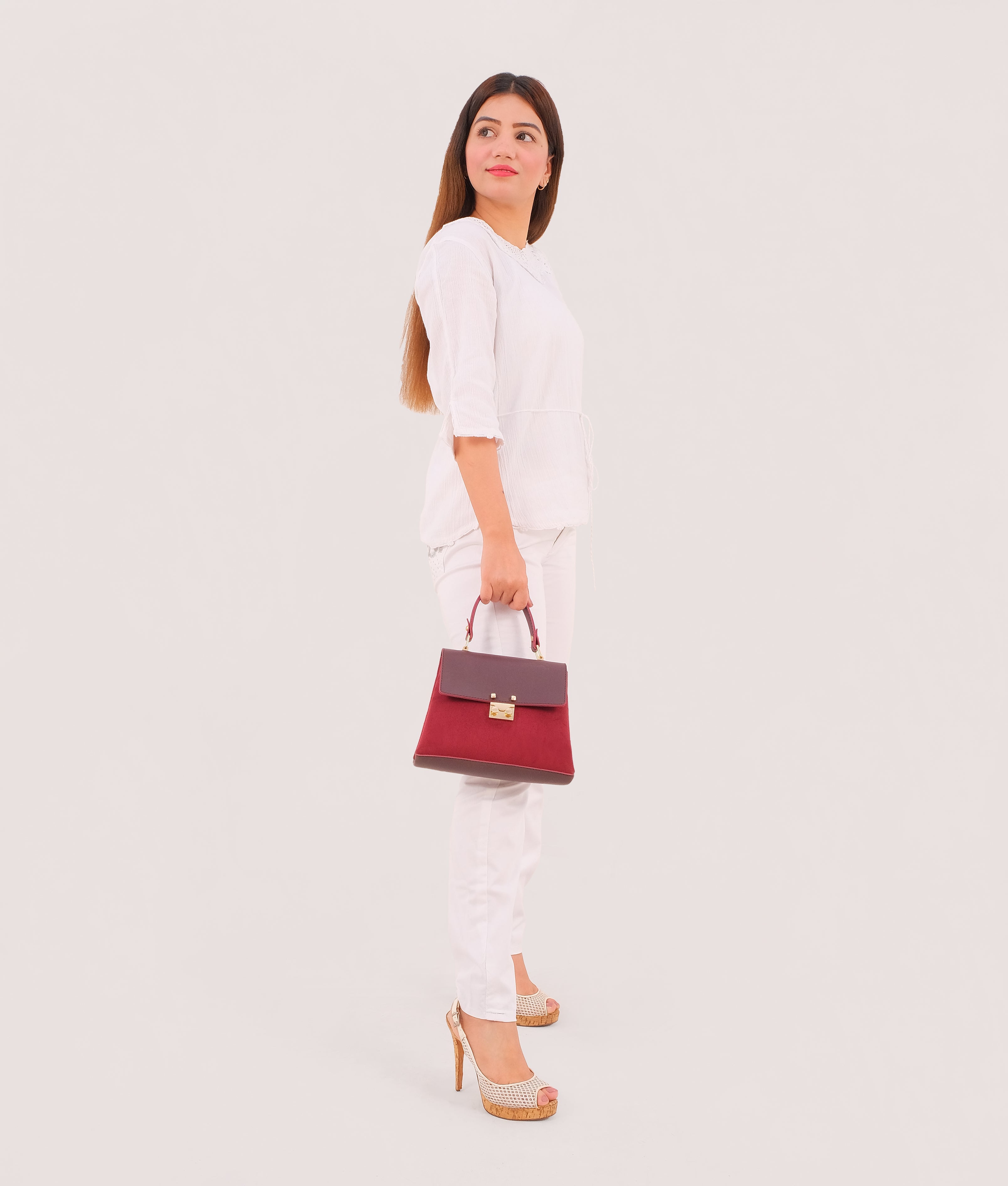 Burgundy suede mini top-handle bag
