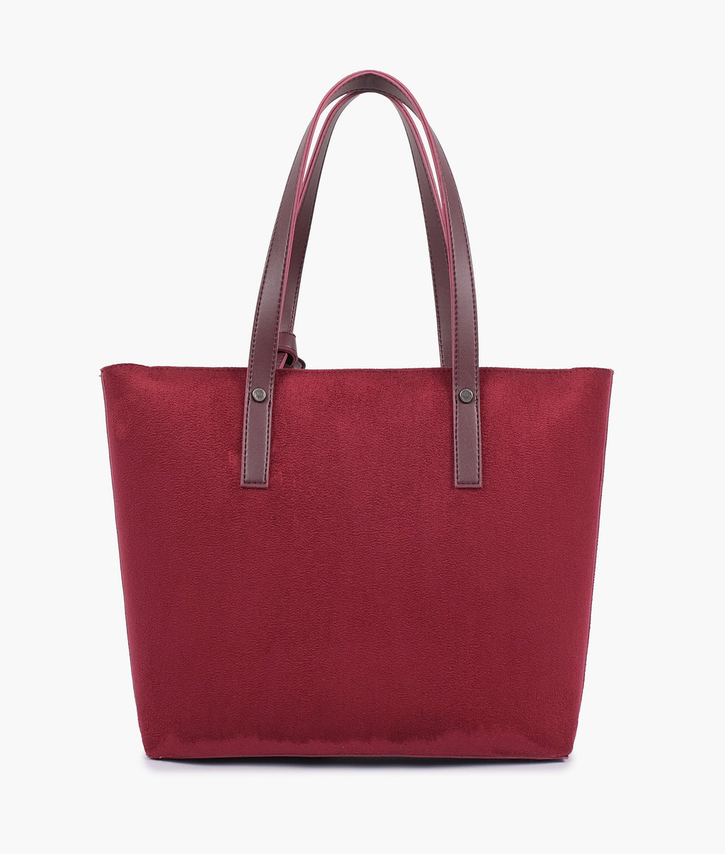 Burgundy suede tote bag with detachable pouch