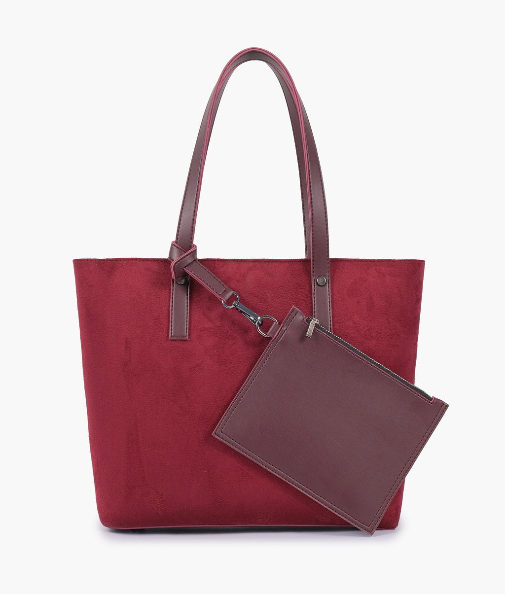 Burgundy suede tote bag with detachable pouch