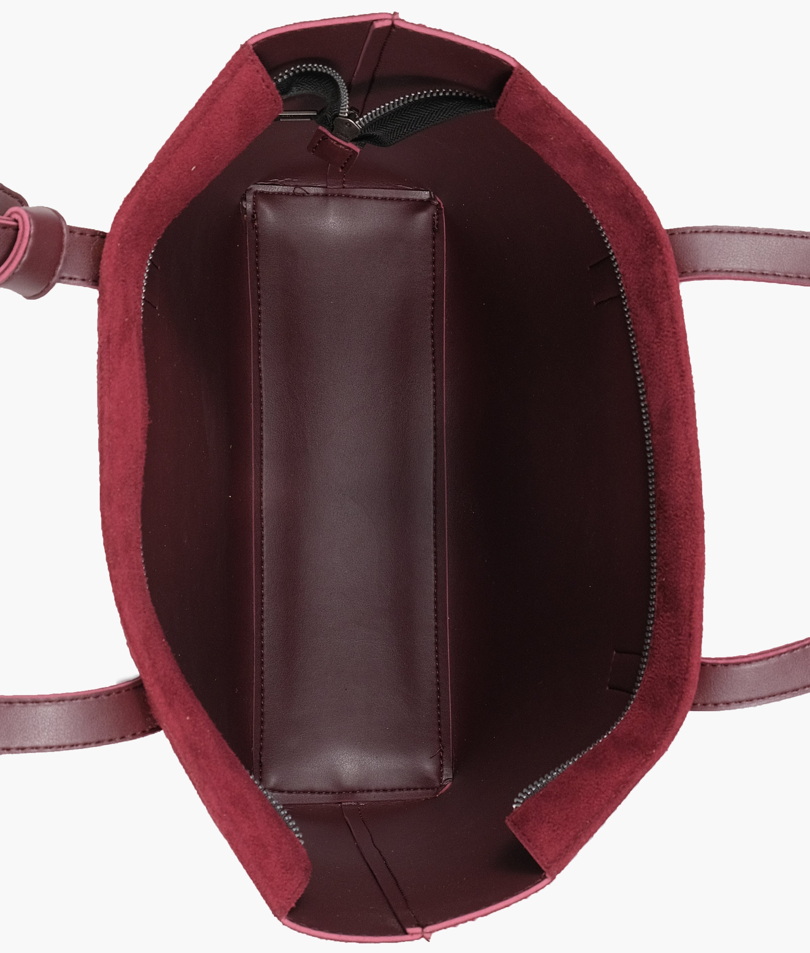 Burgundy suede tote bag with detachable pouch