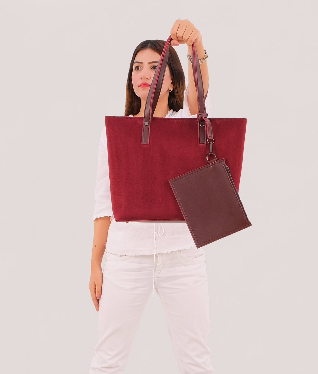 Burgundy suede tote bag with detachable pouch