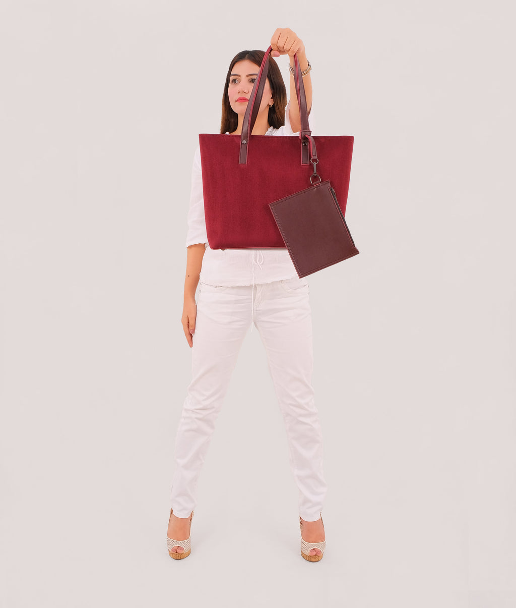 Burgundy suede tote bag with detachable pouch