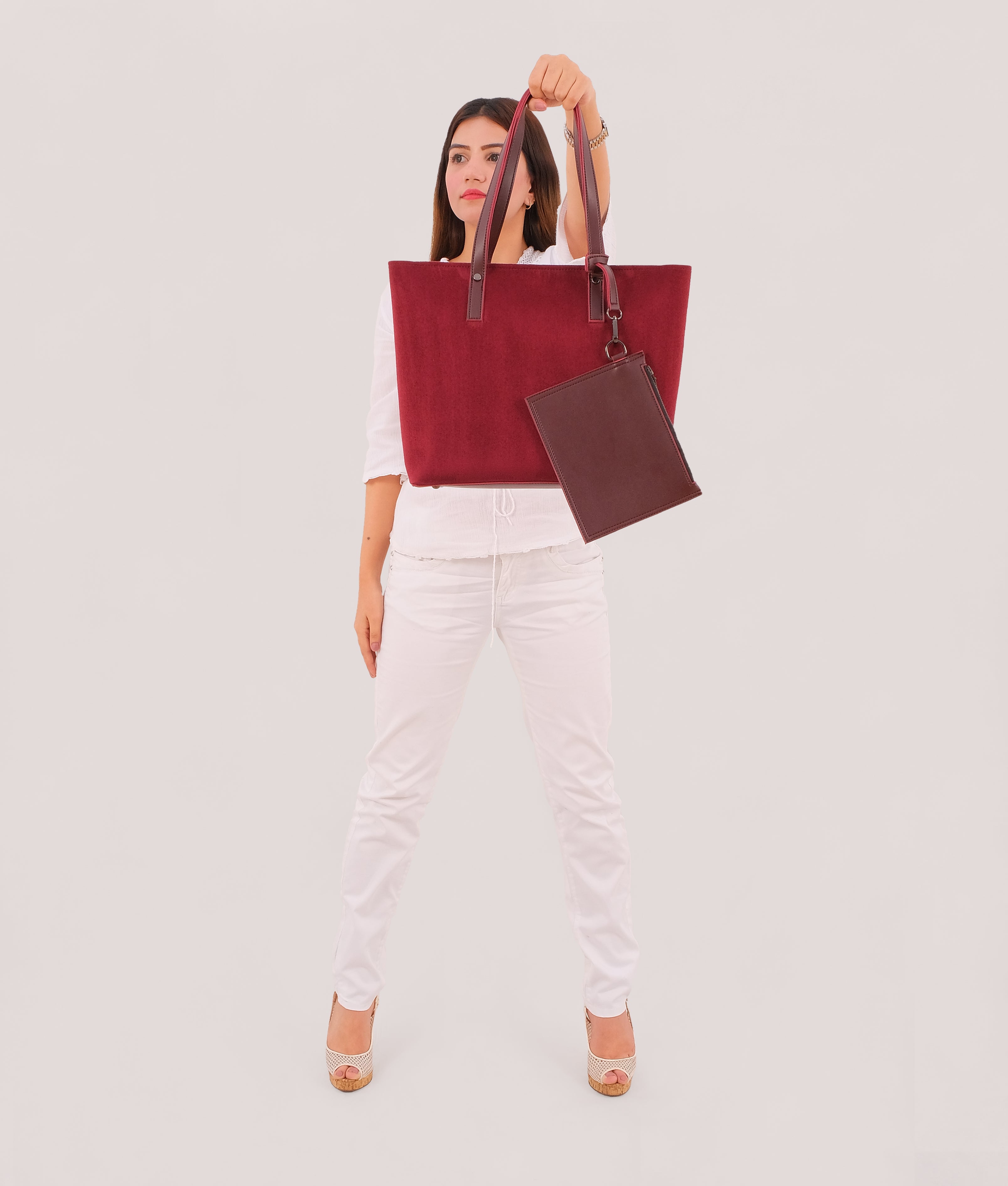 Burgundy suede tote bag with detachable pouch