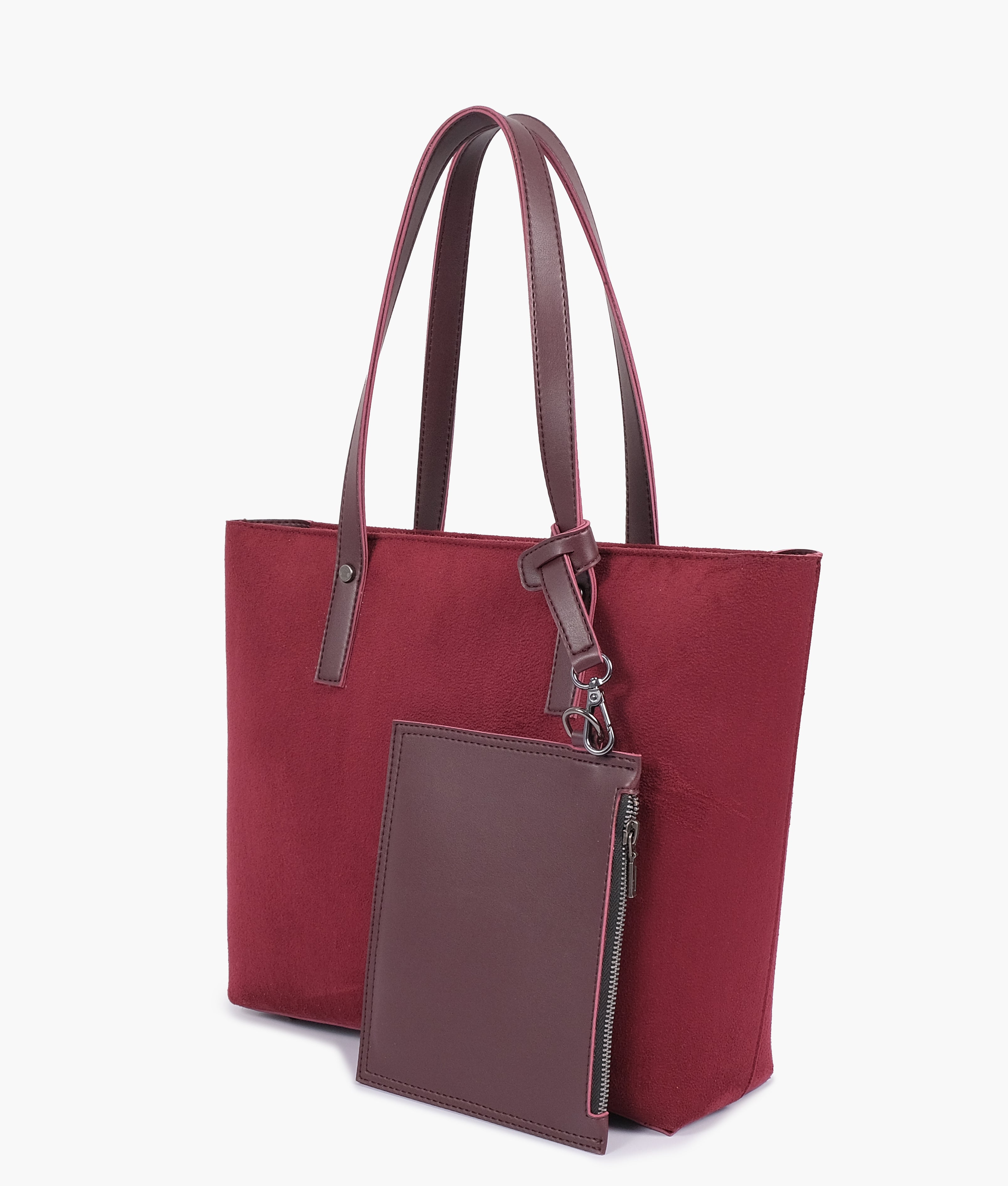 Burgundy suede tote bag with detachable pouch