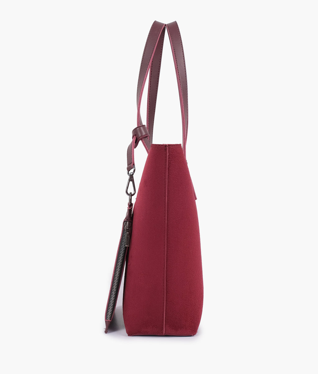Burgundy suede tote bag with detachable pouch