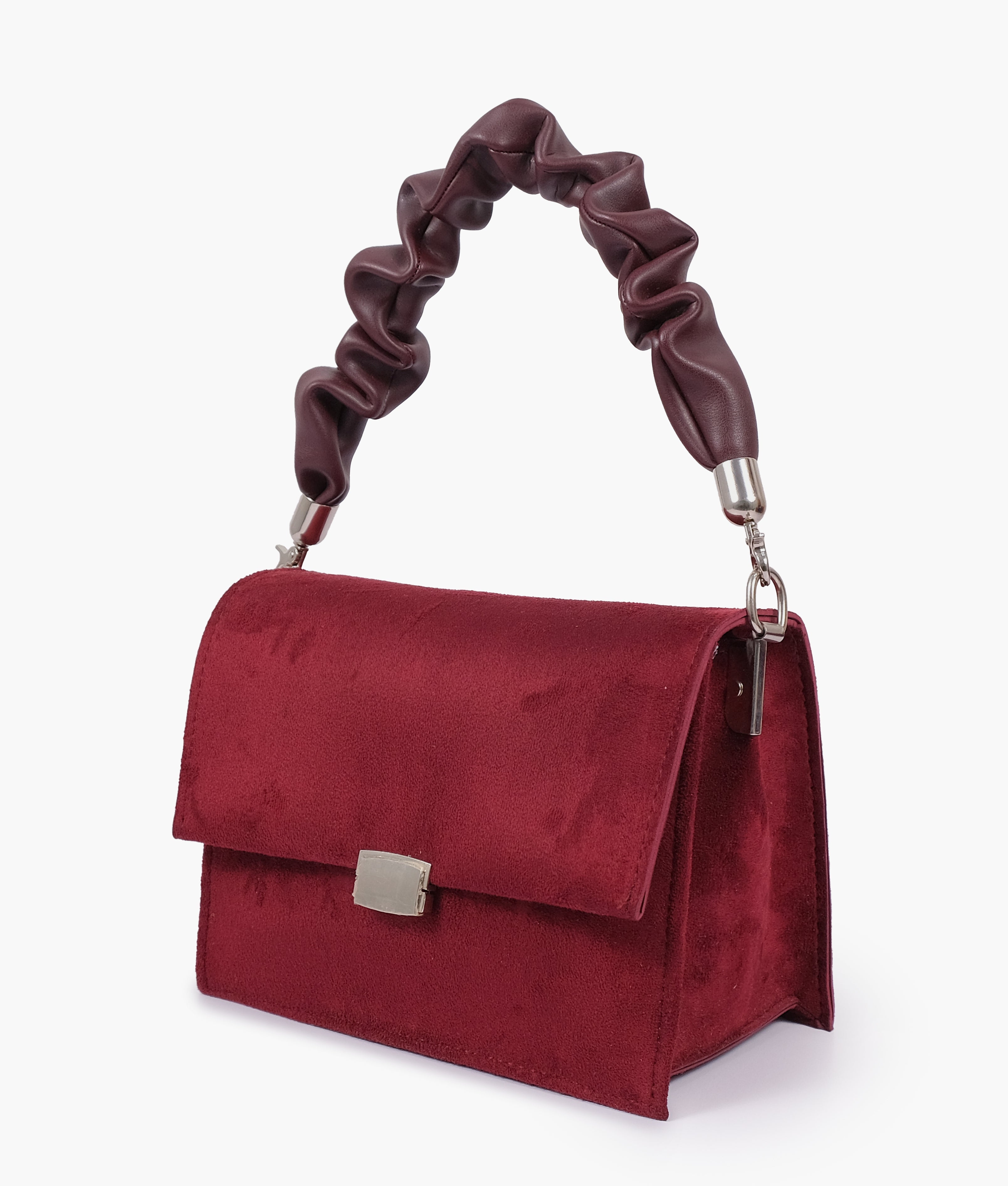 Burgundy suede top-handle mini cross-body bag