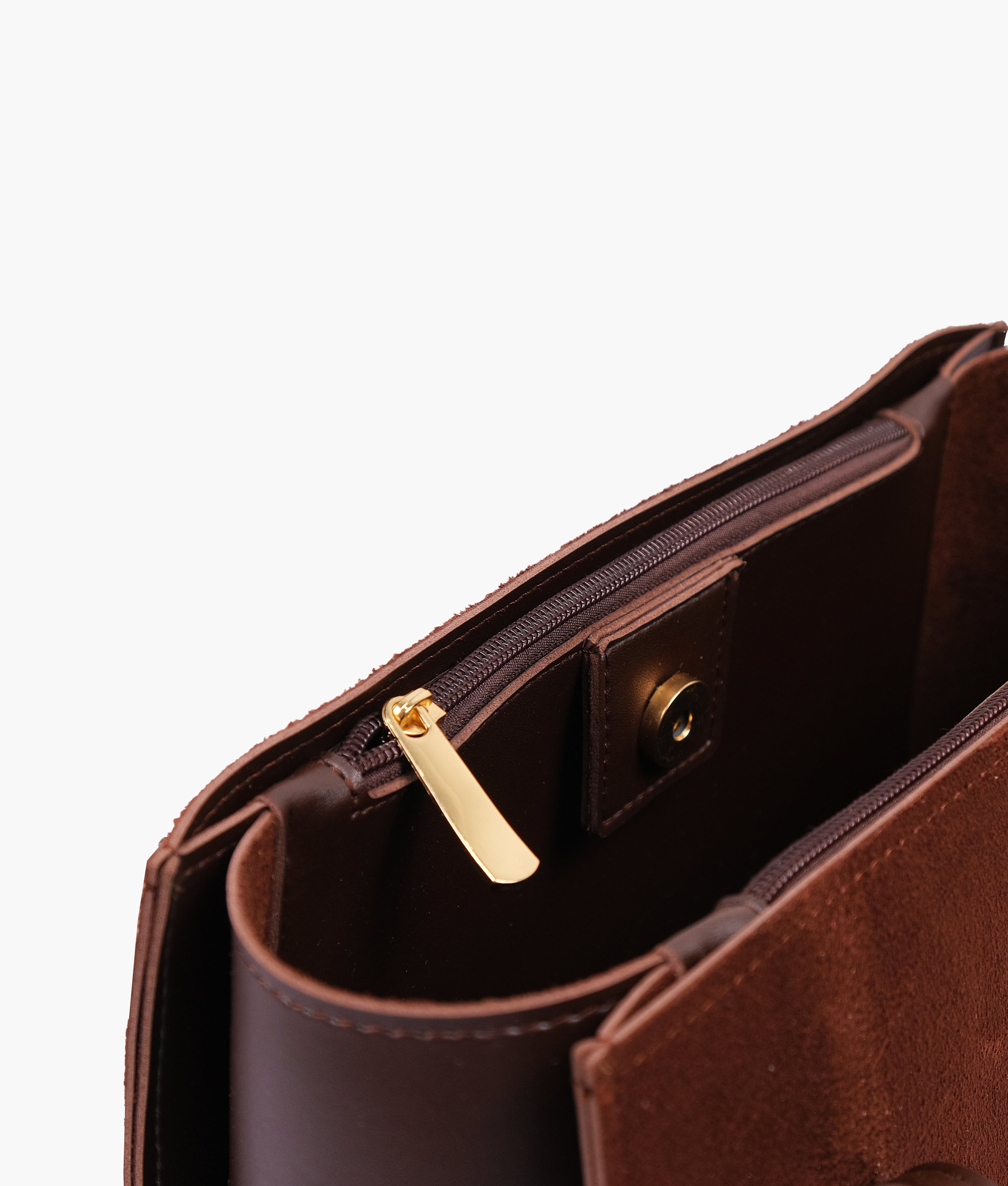 Dark brown suede zipper shoulder bag with long handle