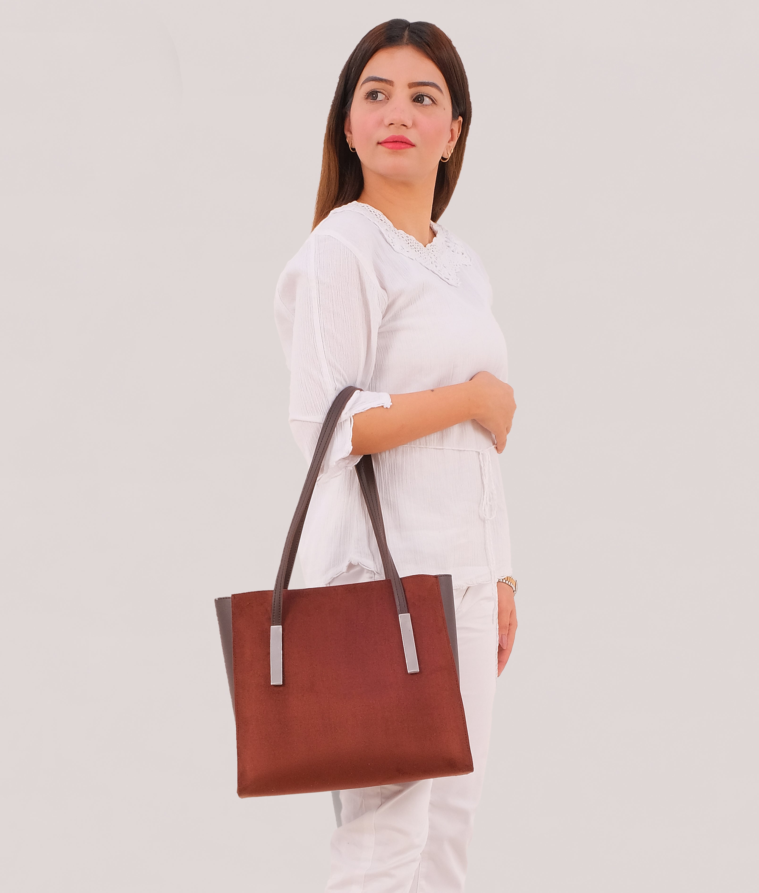Dark brown suede zipper shoulder bag with long handle