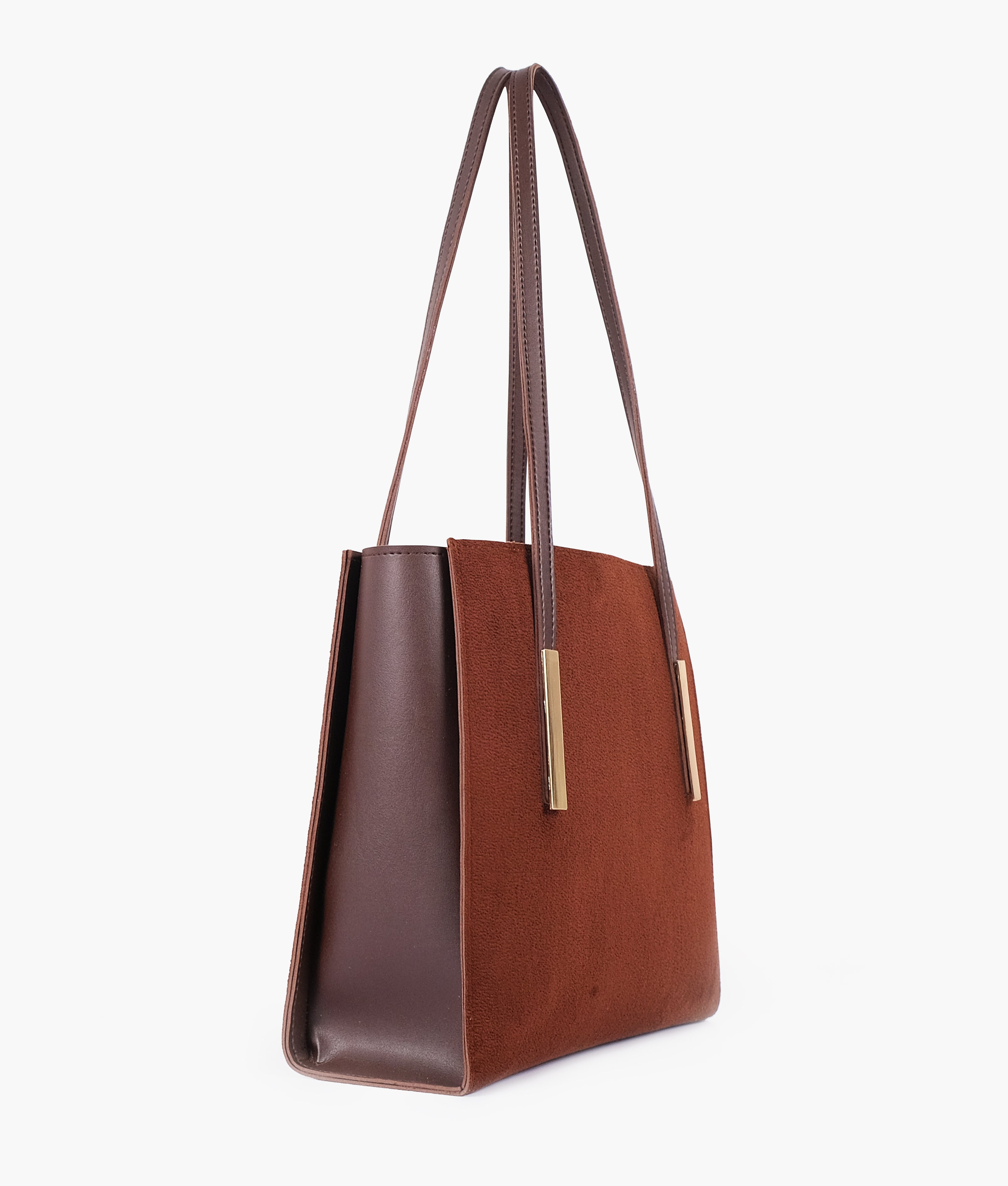 Dark brown suede zipper shoulder bag with long handle